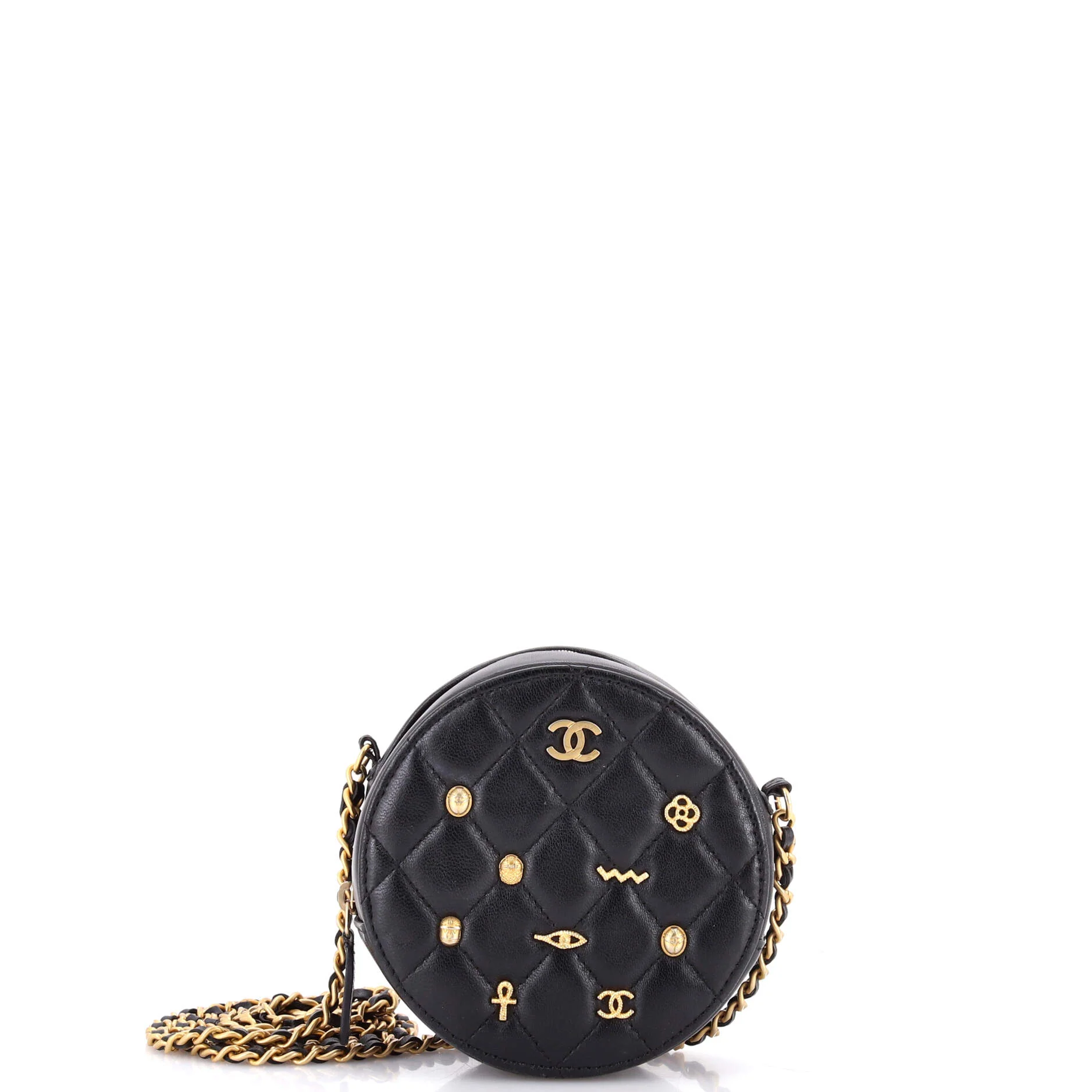Egyptian Amulet Round Chain Clutch Quilted Calfskin Mini
