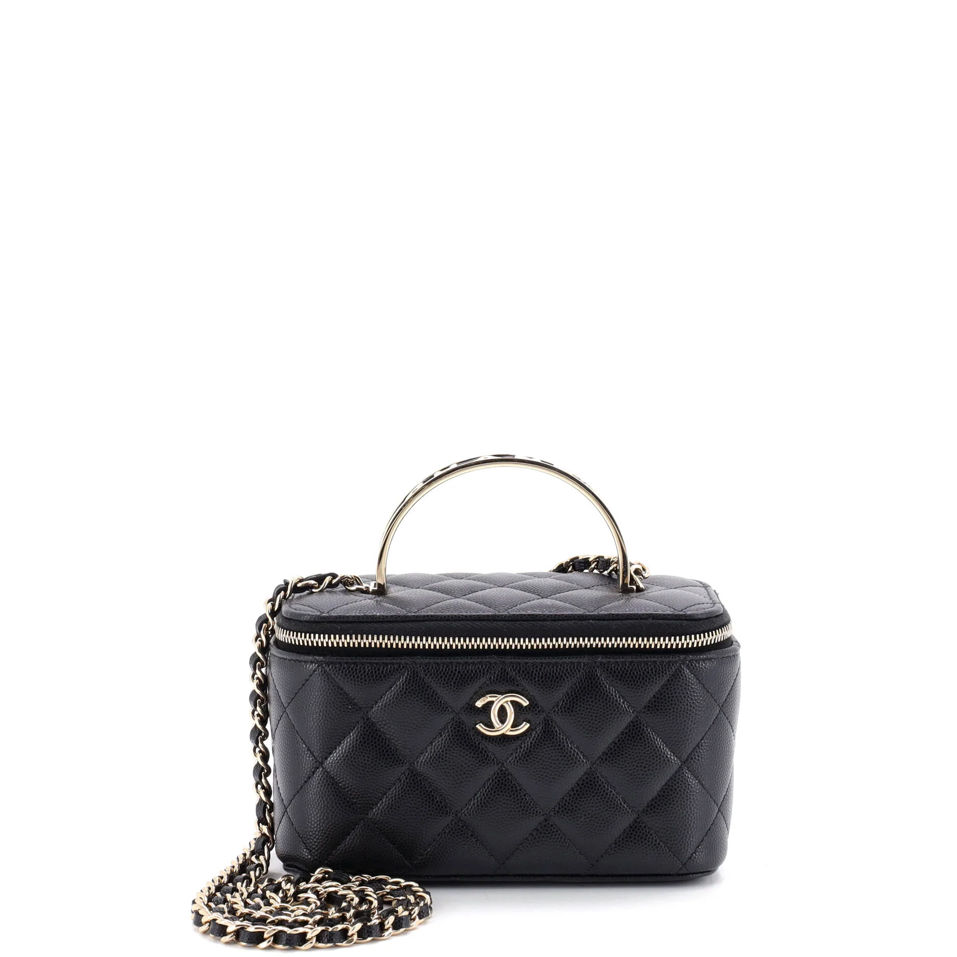 Enamel Logo CC Top Handle Vanity Case with Chain Quilted Caviar Small