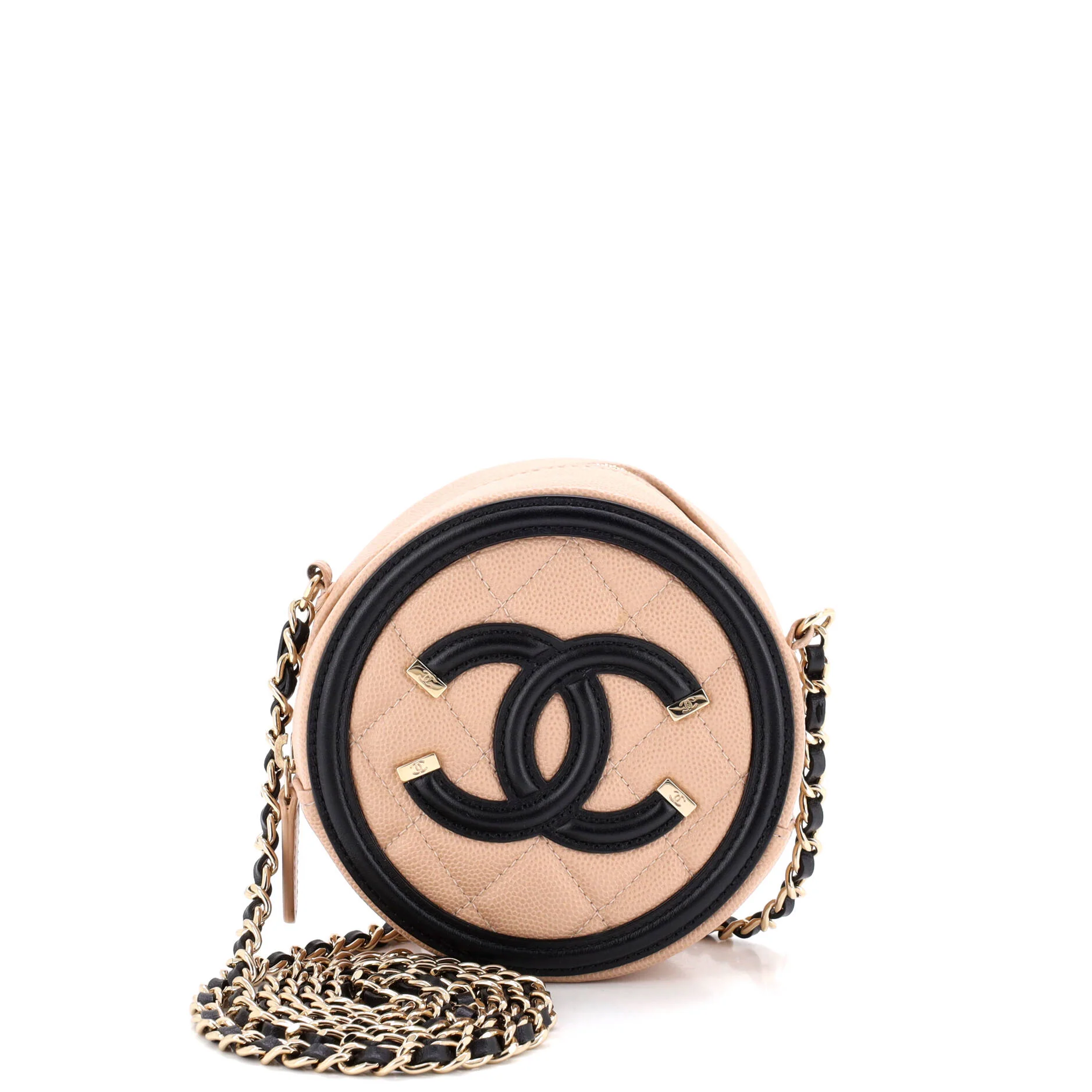 Filigree Round Clutch with Chain Quilted Caviar Mini