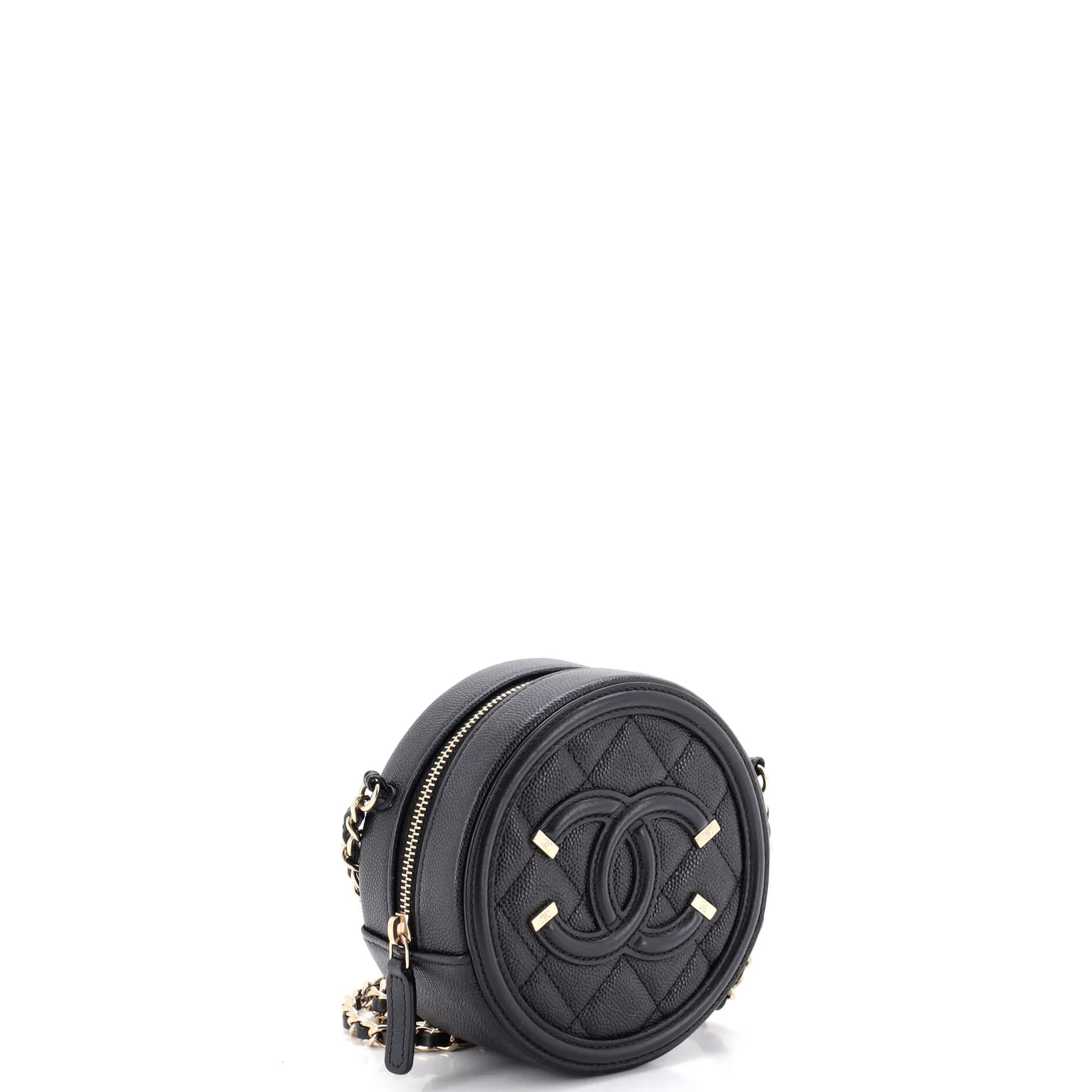 Filigree Round Clutch with Chain Quilted Caviar Mini - Image 3