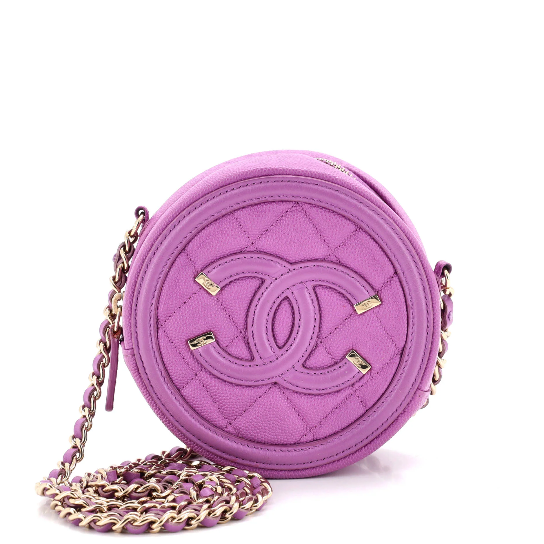 Filigree Round Clutch with Chain Quilted Caviar Mini