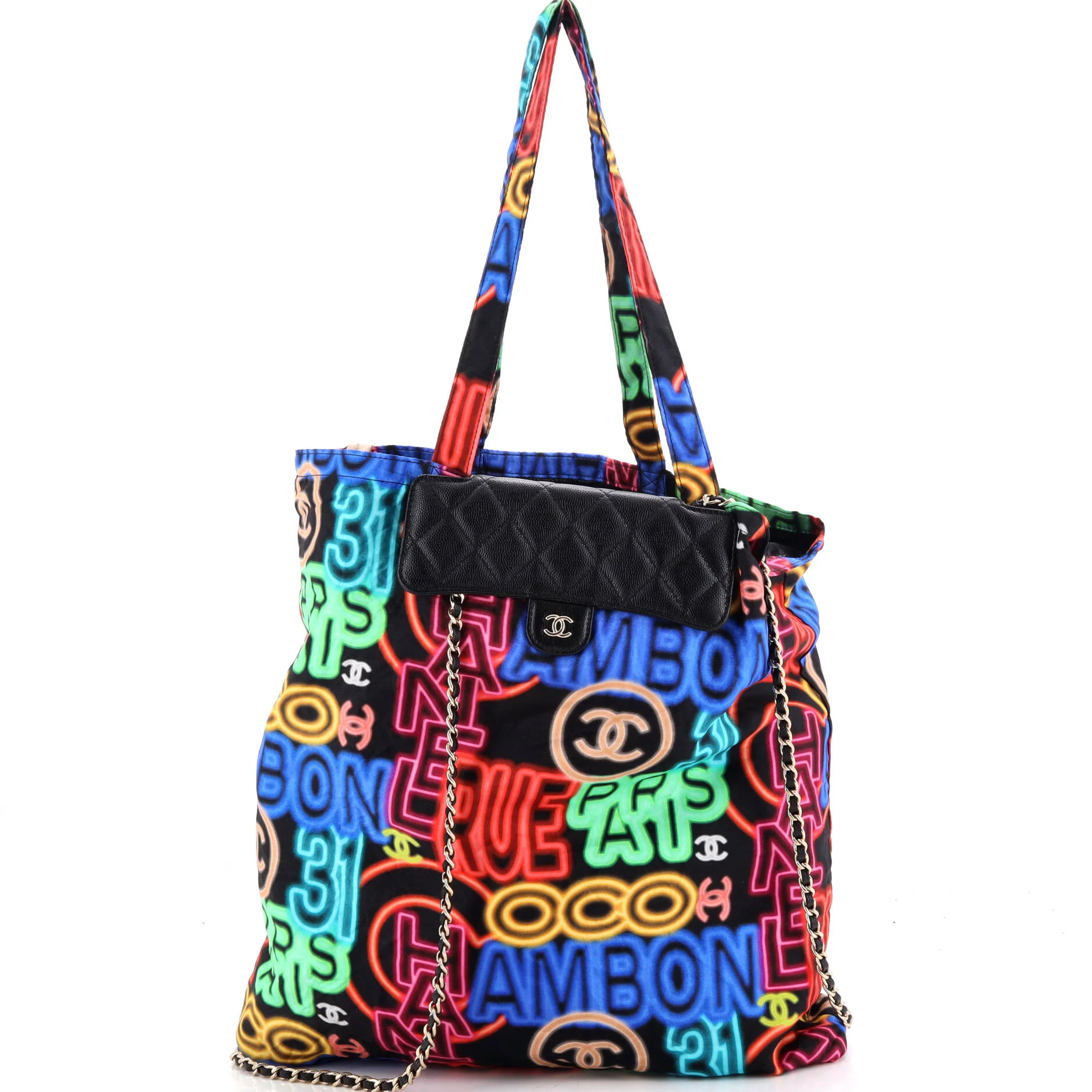 Foldable Tote Bag with Chain Quilted Caviar with Printed Nylon - Image 2