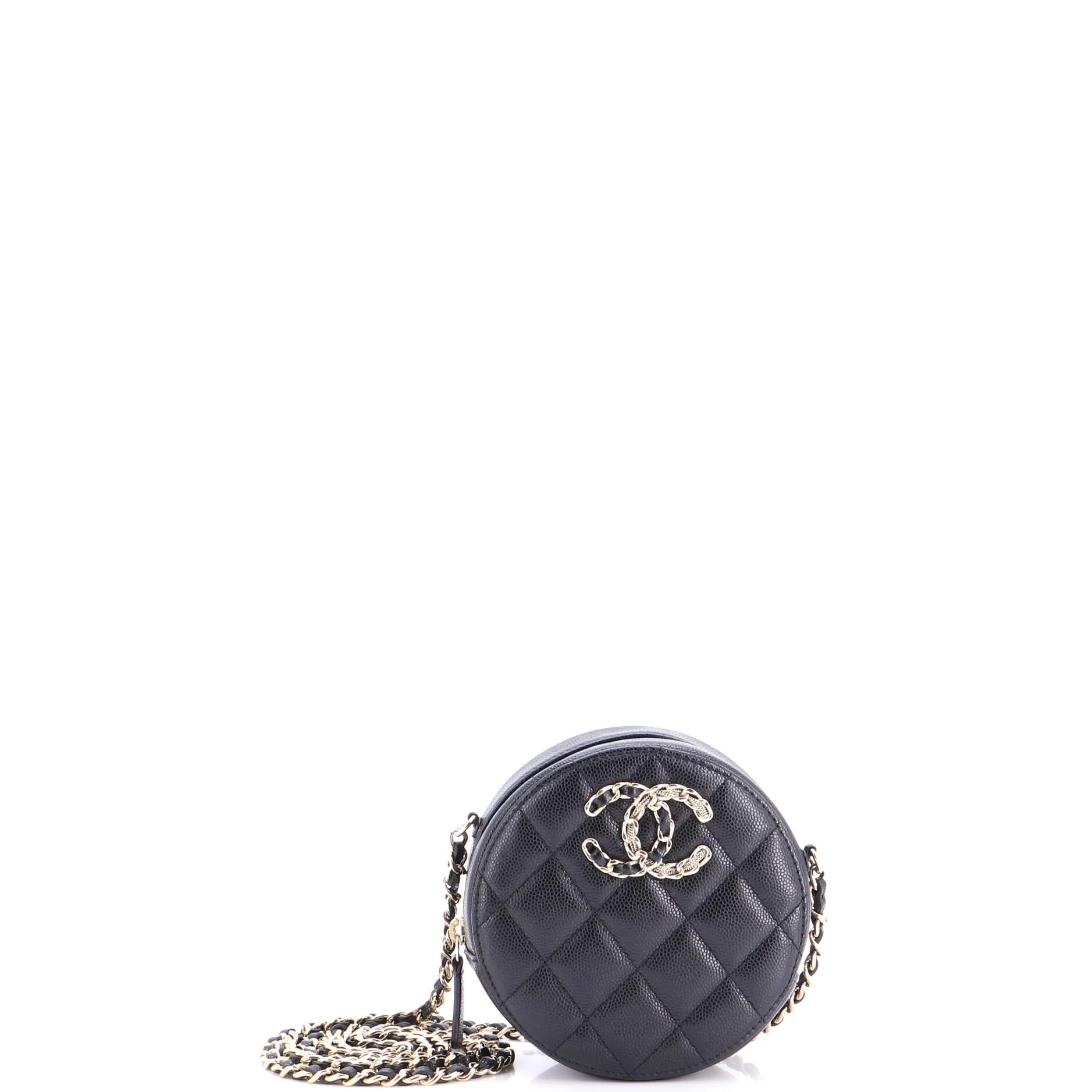 French New Wave Round Clutch with Chain Quilted Caviar