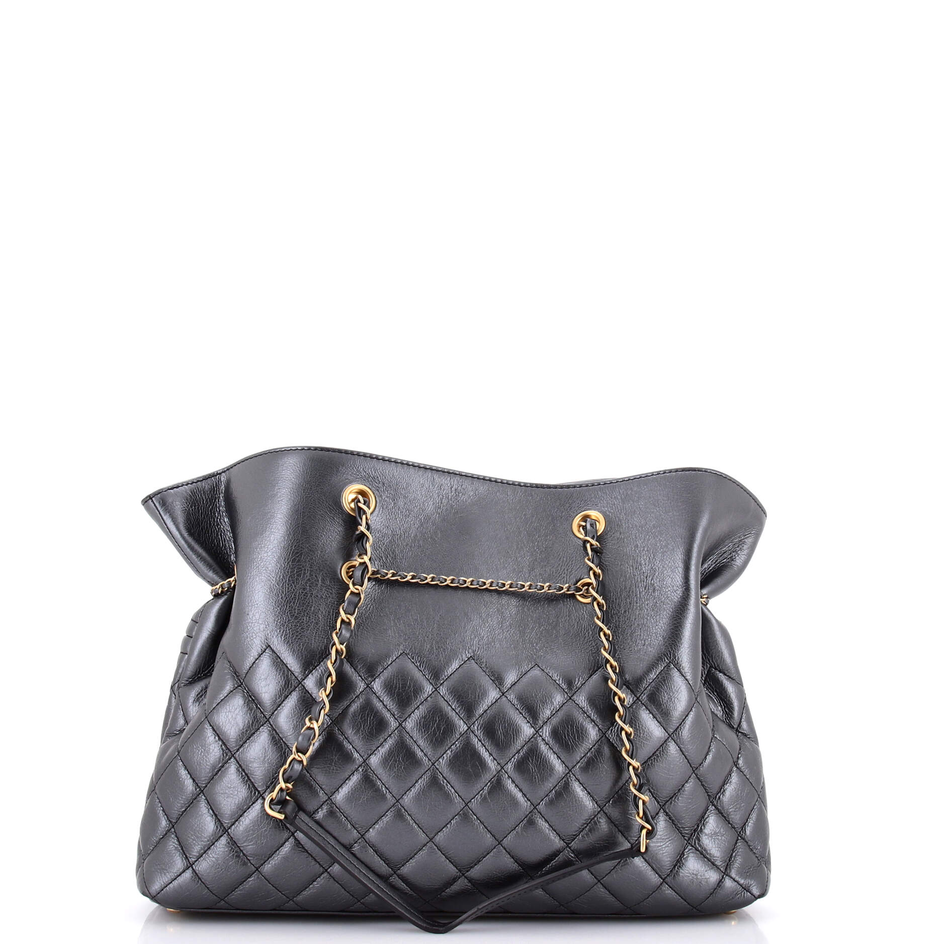 Front Zip CC Drawstring Chain Tote Quilted Calfskin Large - Image 3