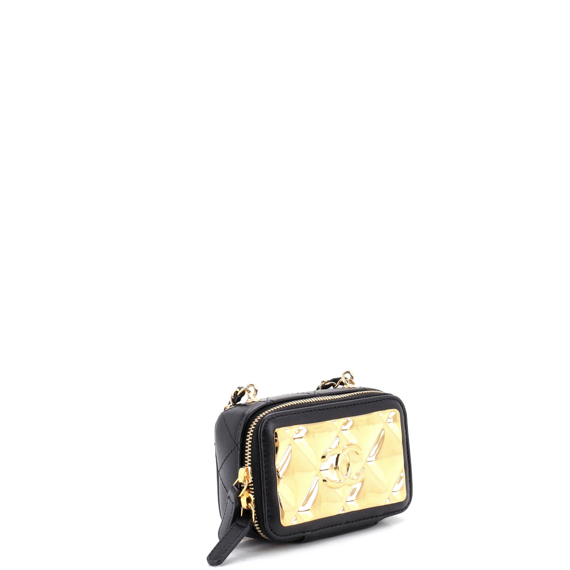 Golden Plate Zip Around Vanity Case with Chain Quilted Metal and Lambskin Extra Mini - Image 3