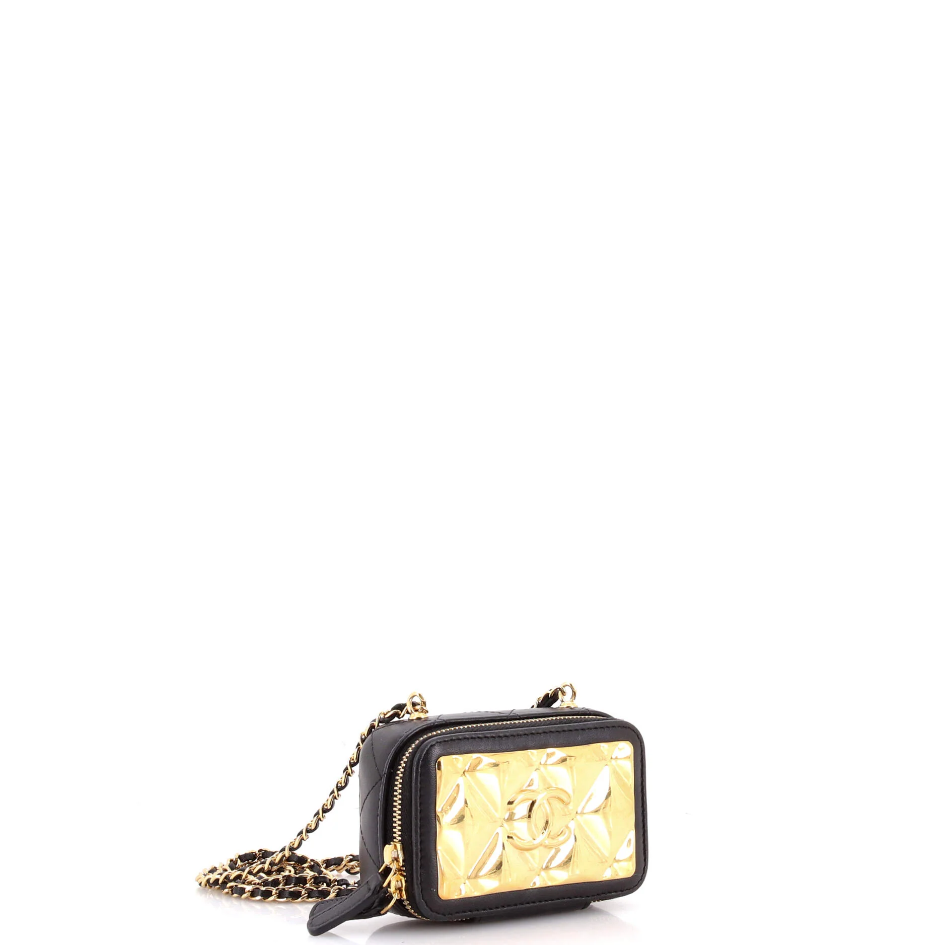 Golden Plate Zip Around Vanity Case with Chain Quilted Metal and Lambskin Extra Mini - Image 2