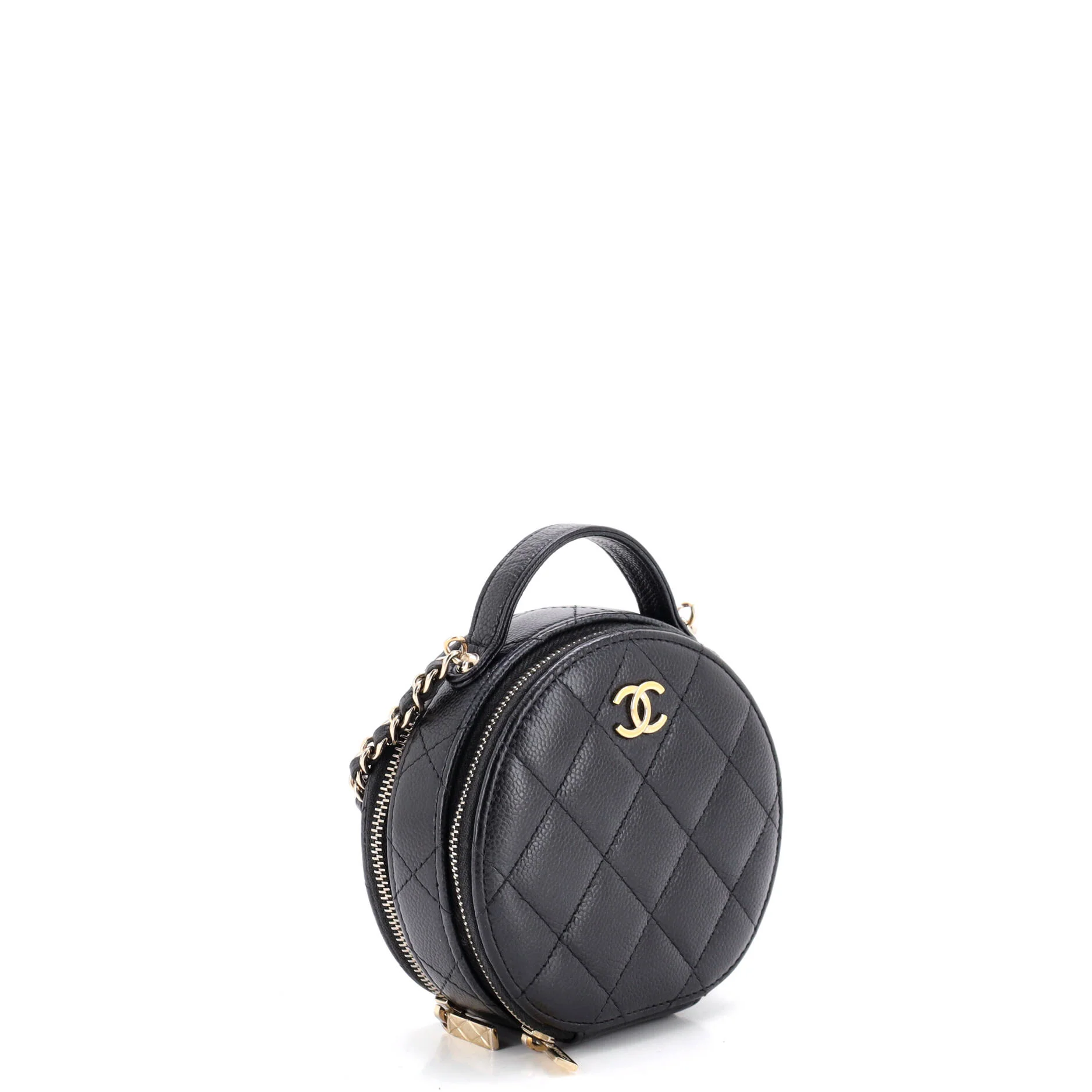 Handle with Care Round Vanity Case with Chain Quilted Caviar Small - Image 3