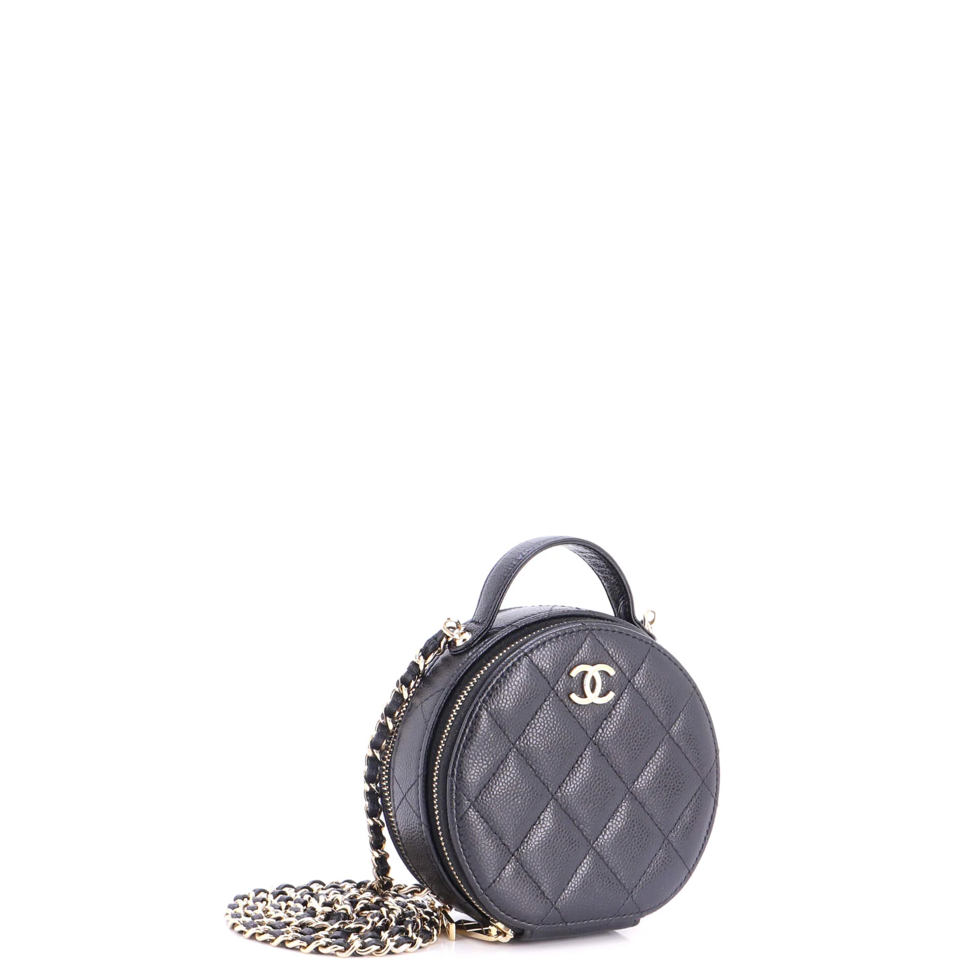 Handle with Care Round Vanity Case with Chain Quilted Caviar Small - Image 3