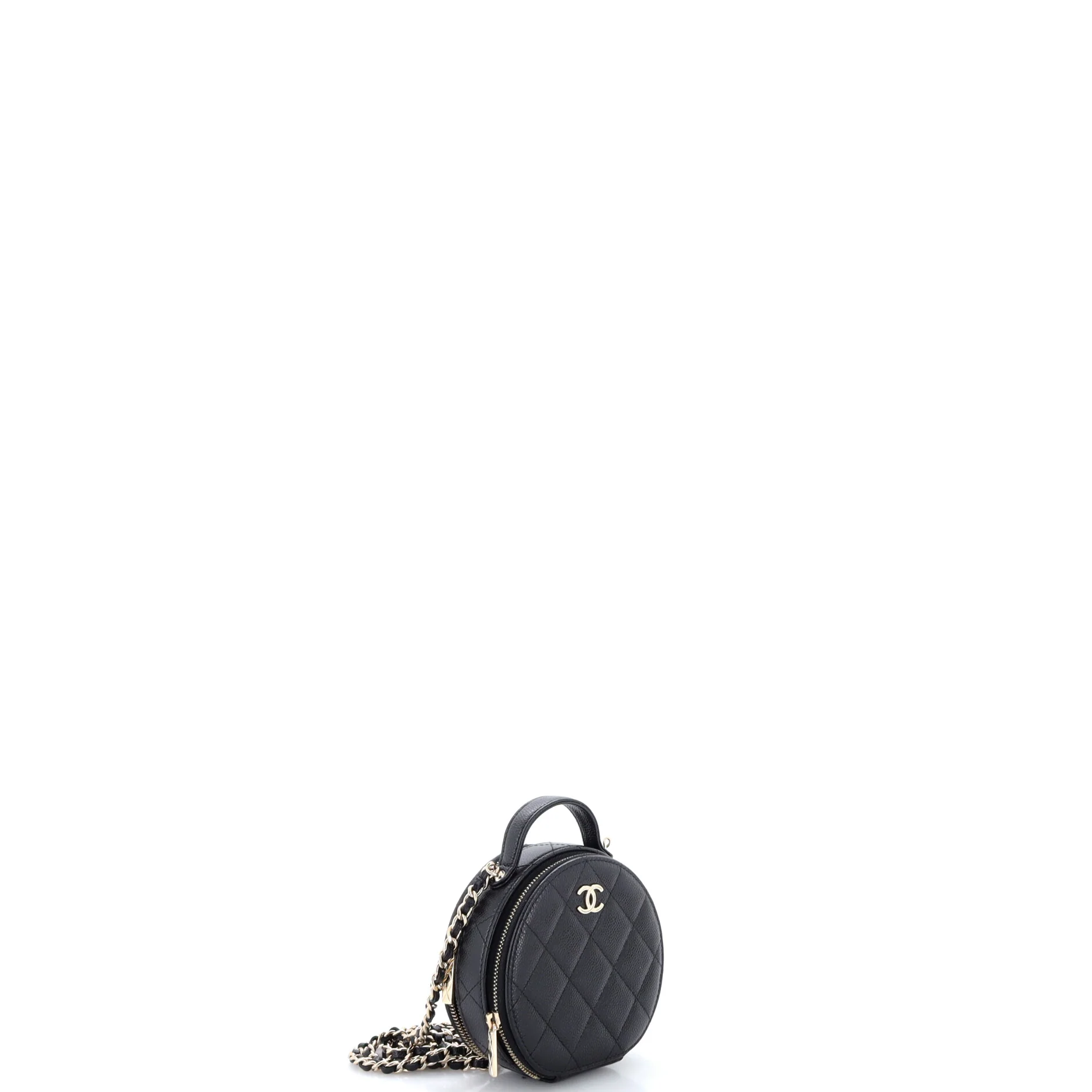 Handle with Care Round Vanity Case with Chain Quilted Caviar Small - Image 2