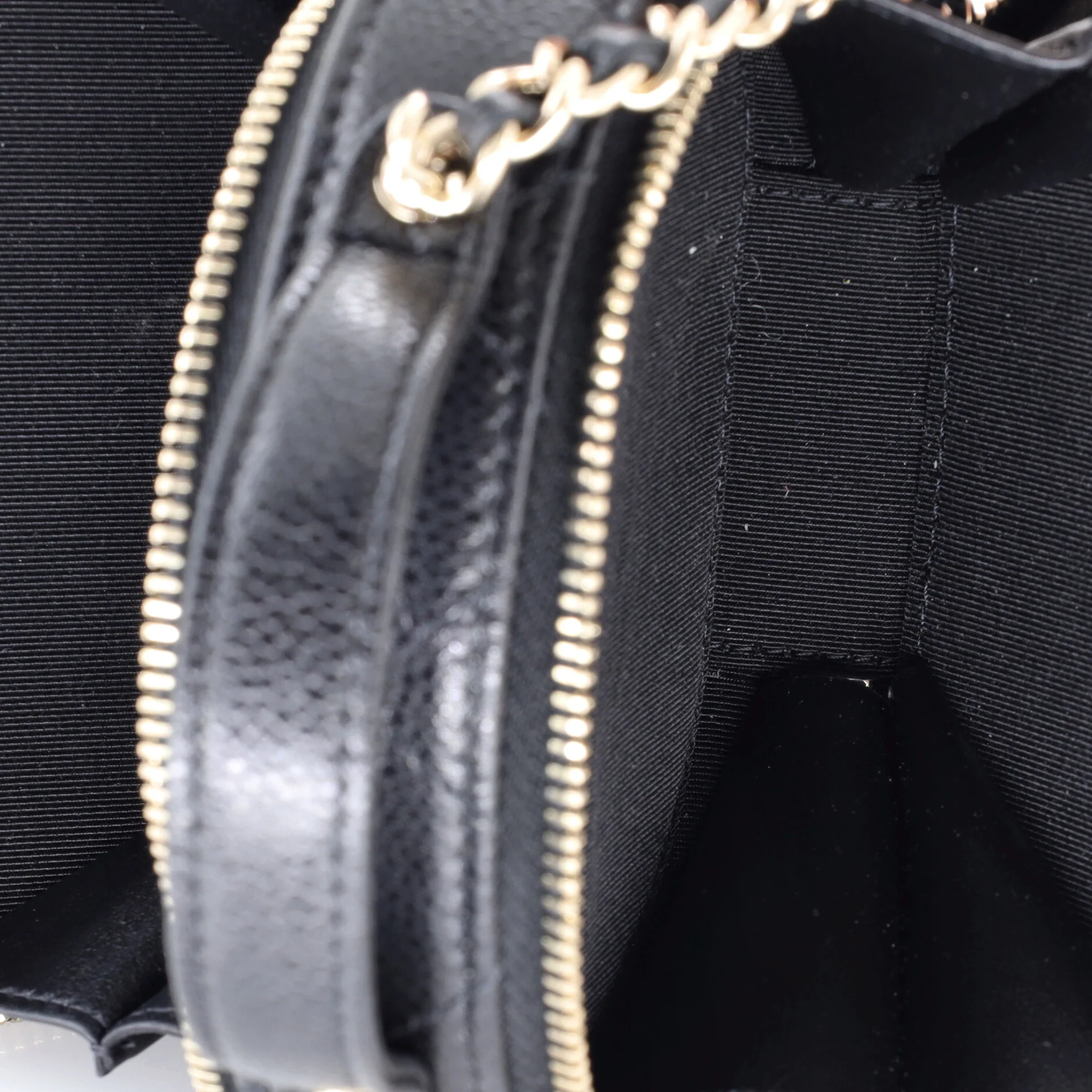 Handle with Care Round Vanity Case with Chain Quilted Caviar Small - Image 5