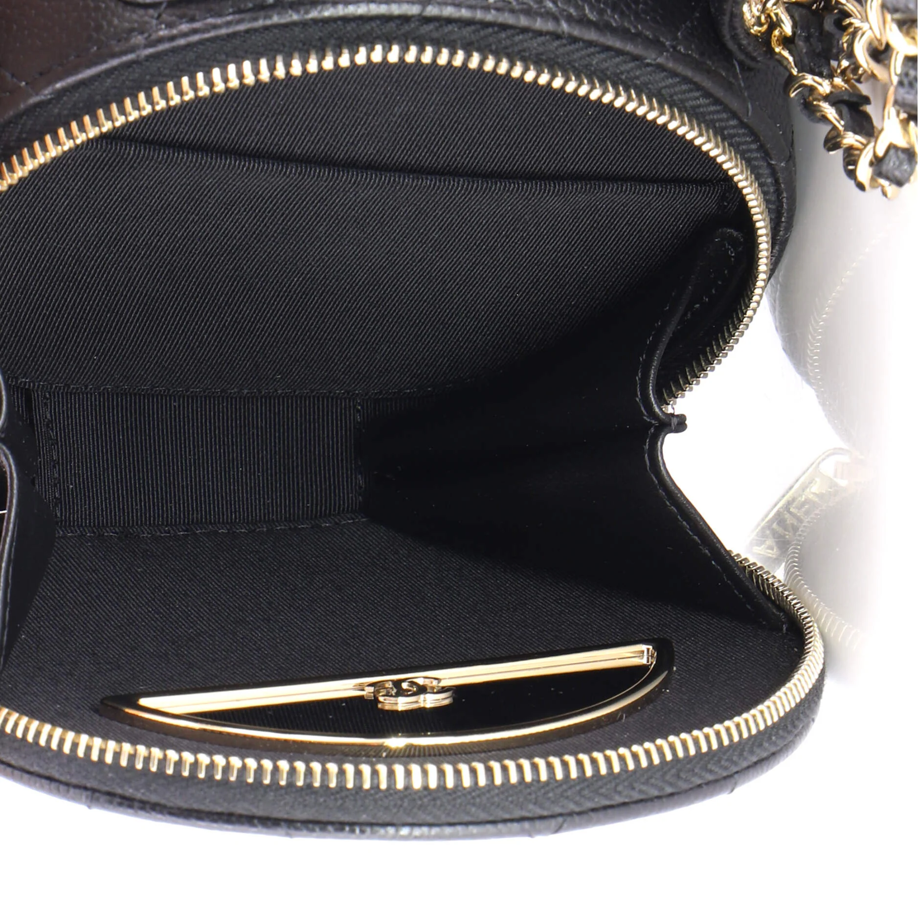 Handle with Care Round Vanity Case with Chain Quilted Caviar Small - Image 6