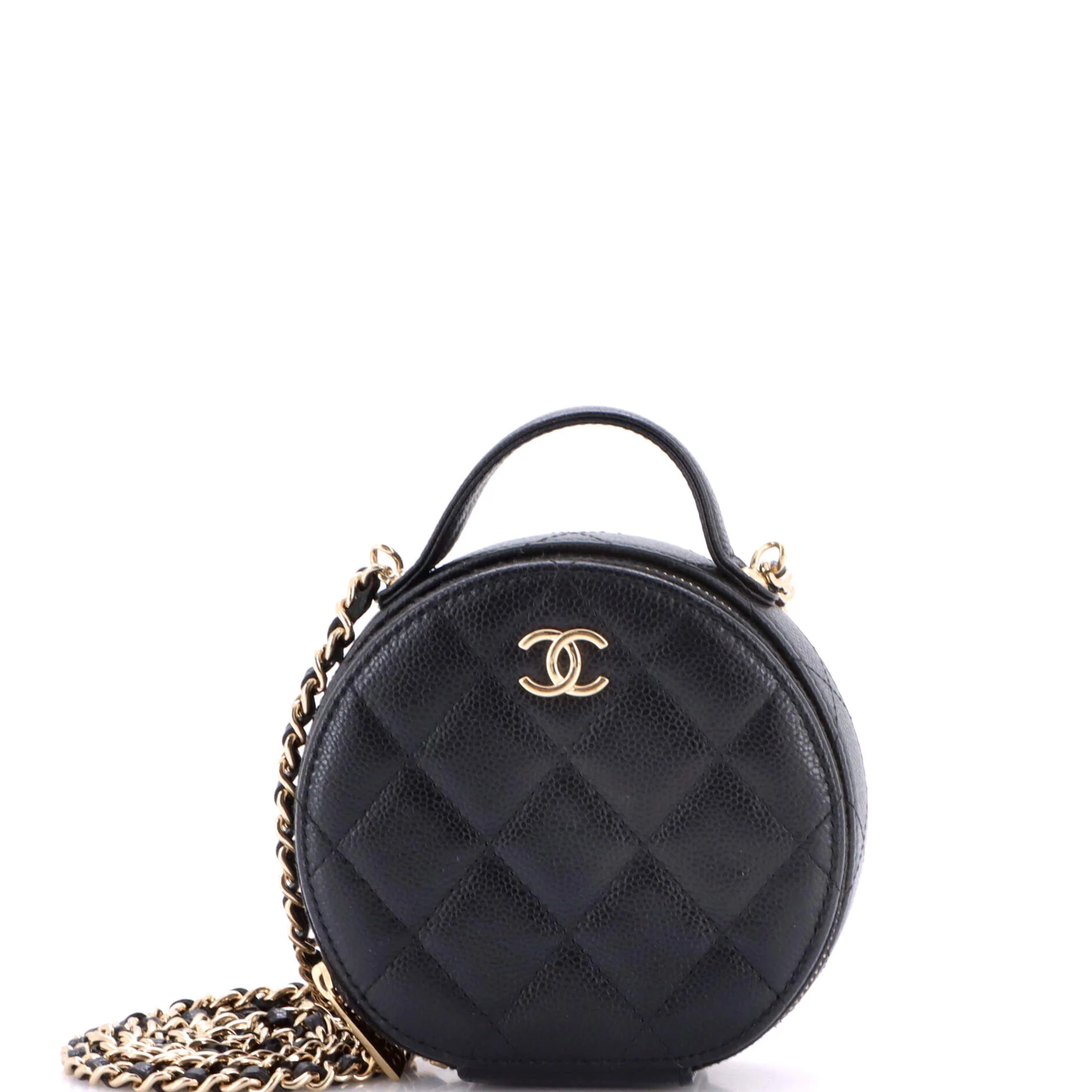 Handle with Care Round Vanity Case with Chain Quilted Caviar Small