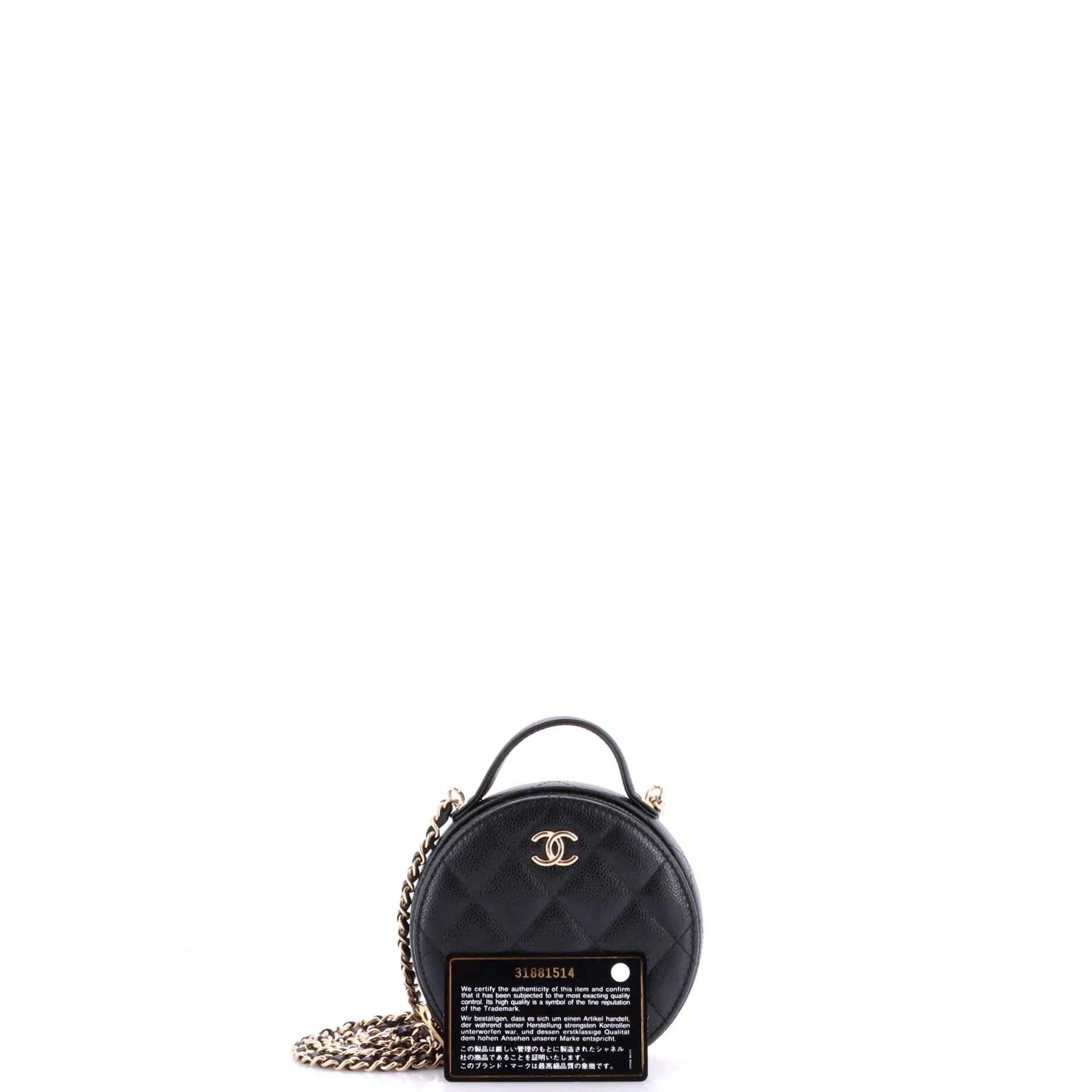 Handle with Care Round Vanity Case with Chain Quilted Caviar Small - Image 2