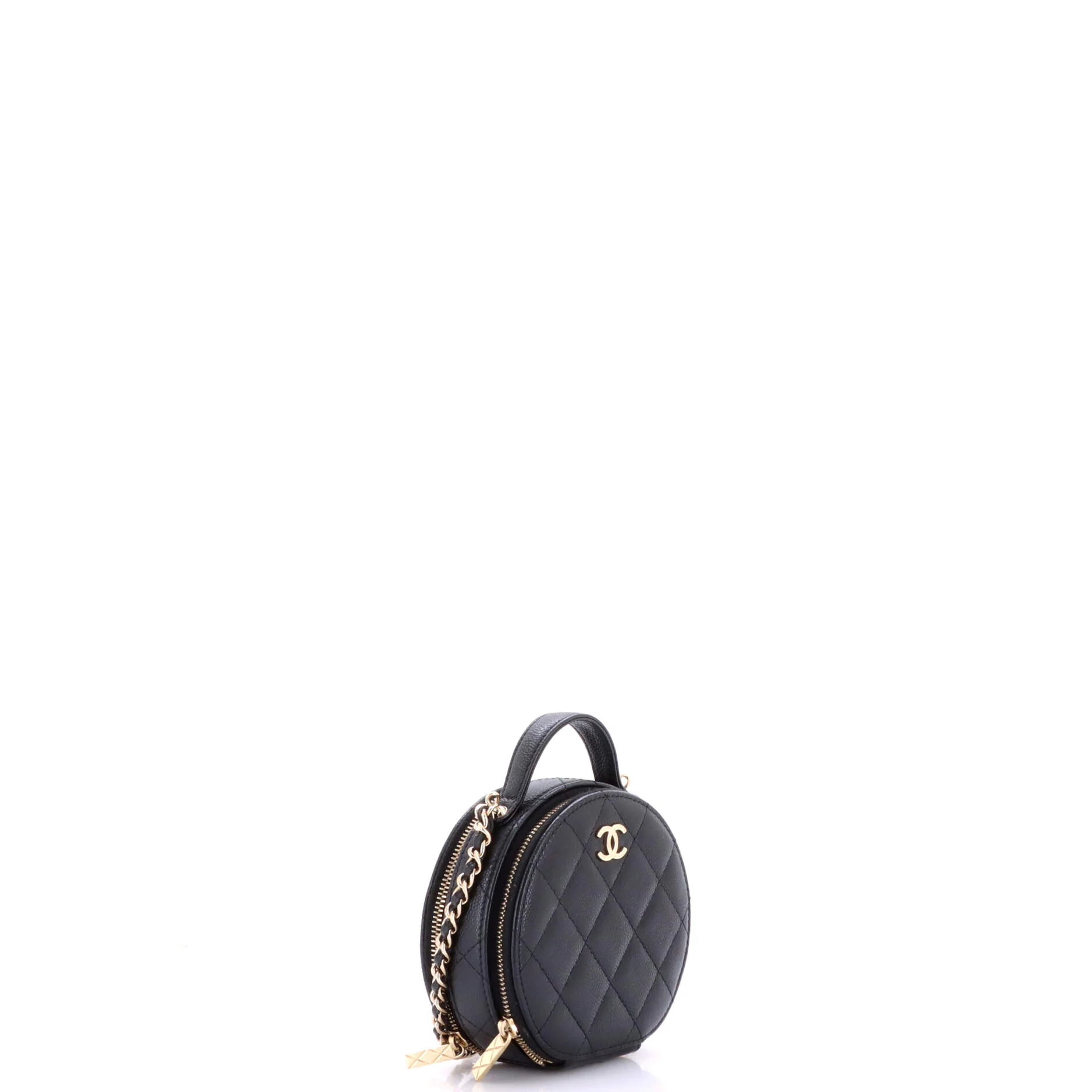 Handle with Care Round Vanity Case with Chain Quilted Caviar Small - Image 3
