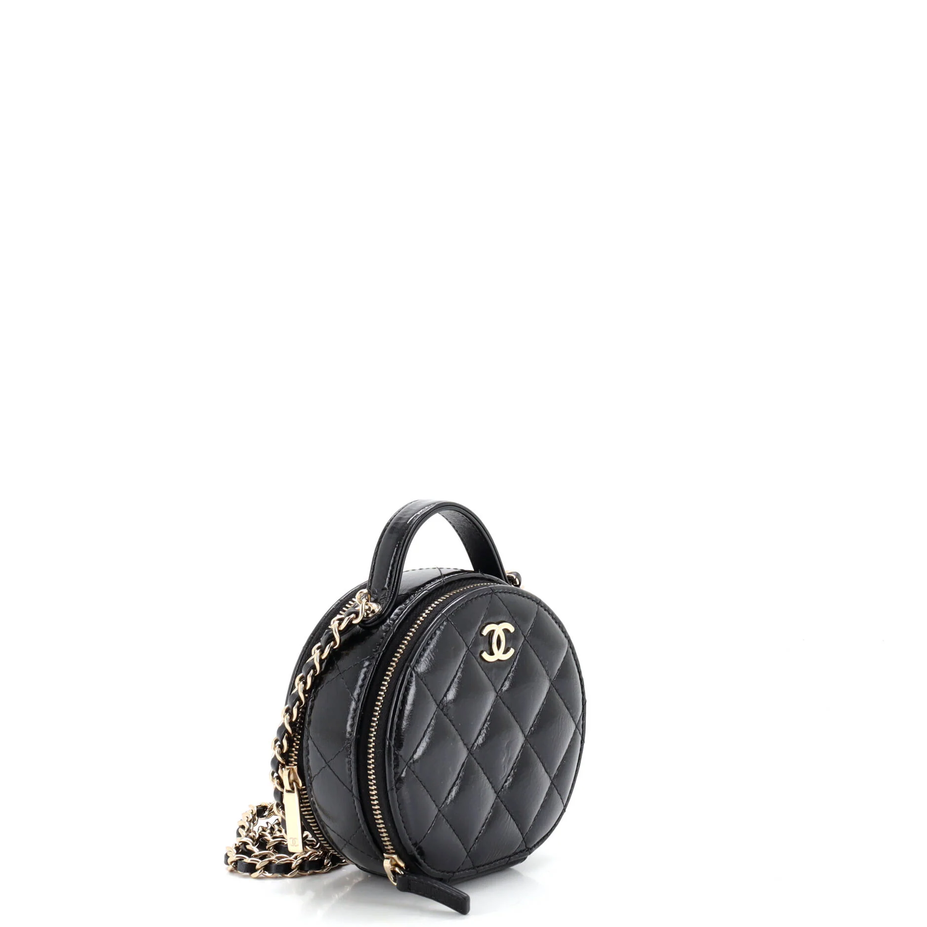 Handle with Care Round Vanity Case with Chain Quilted Lambskin Small - Image 2