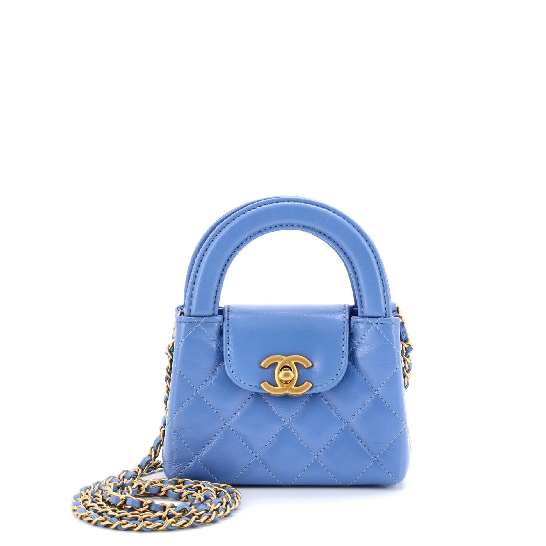 Kelly Top Handle Shopping Bag Quilted Shiny Aged Calfskin Nano