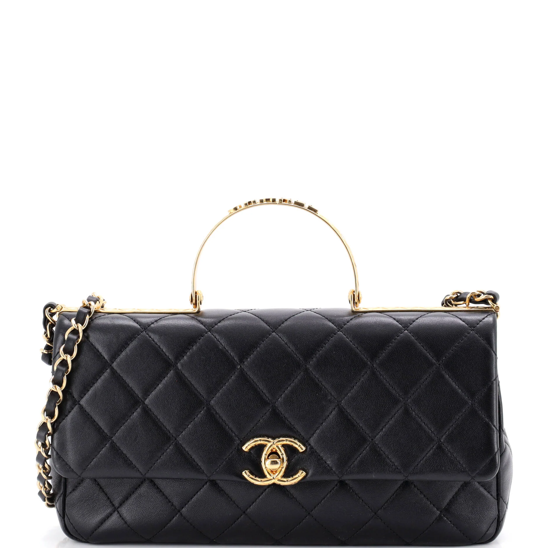 Logo Quilted Metal Top Handle Flap Bag Quilted Lambskin with Metal and Crystals East West