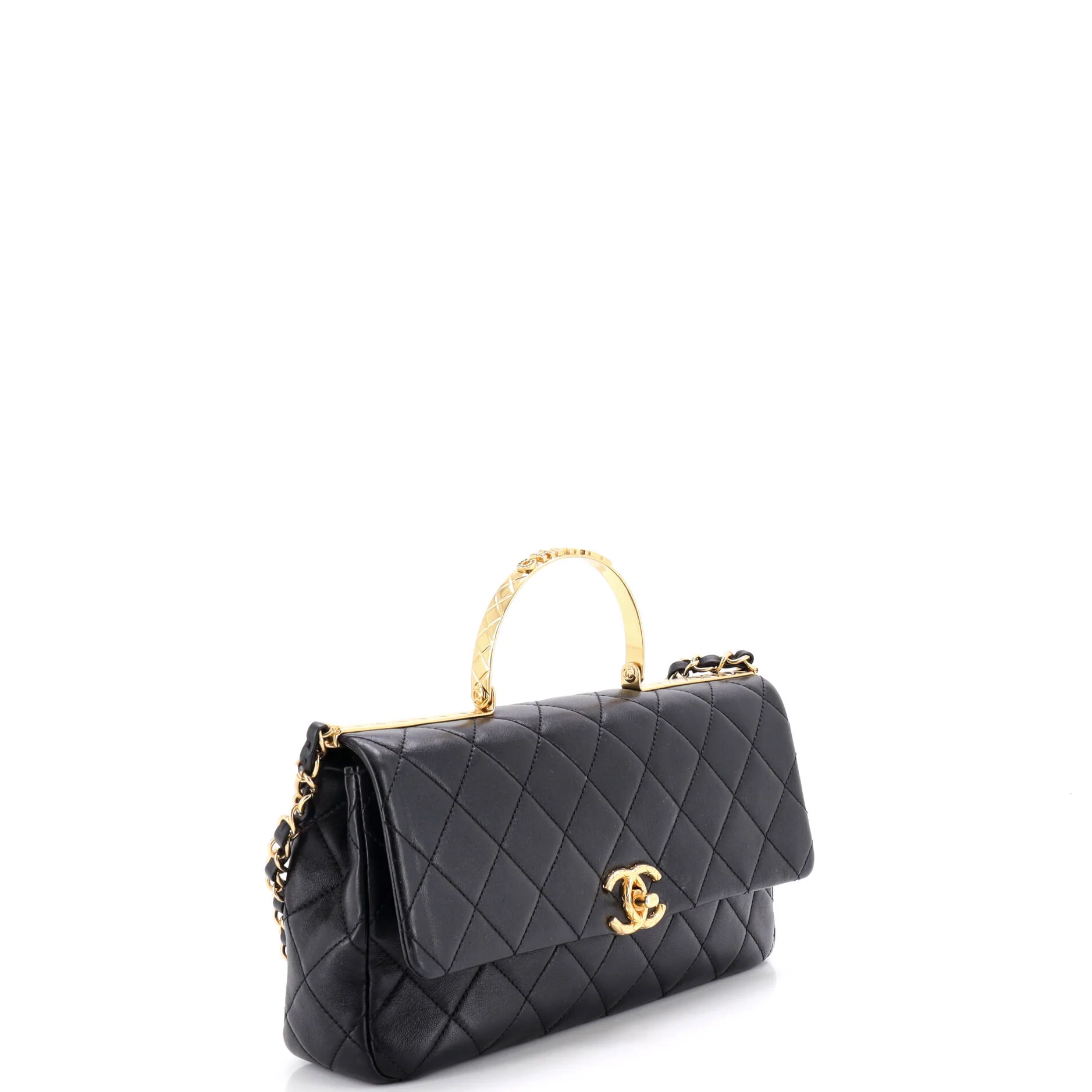 Logo Quilted Metal Top Handle Flap Bag Quilted Lambskin with Metal and Crystals East West - Image 2