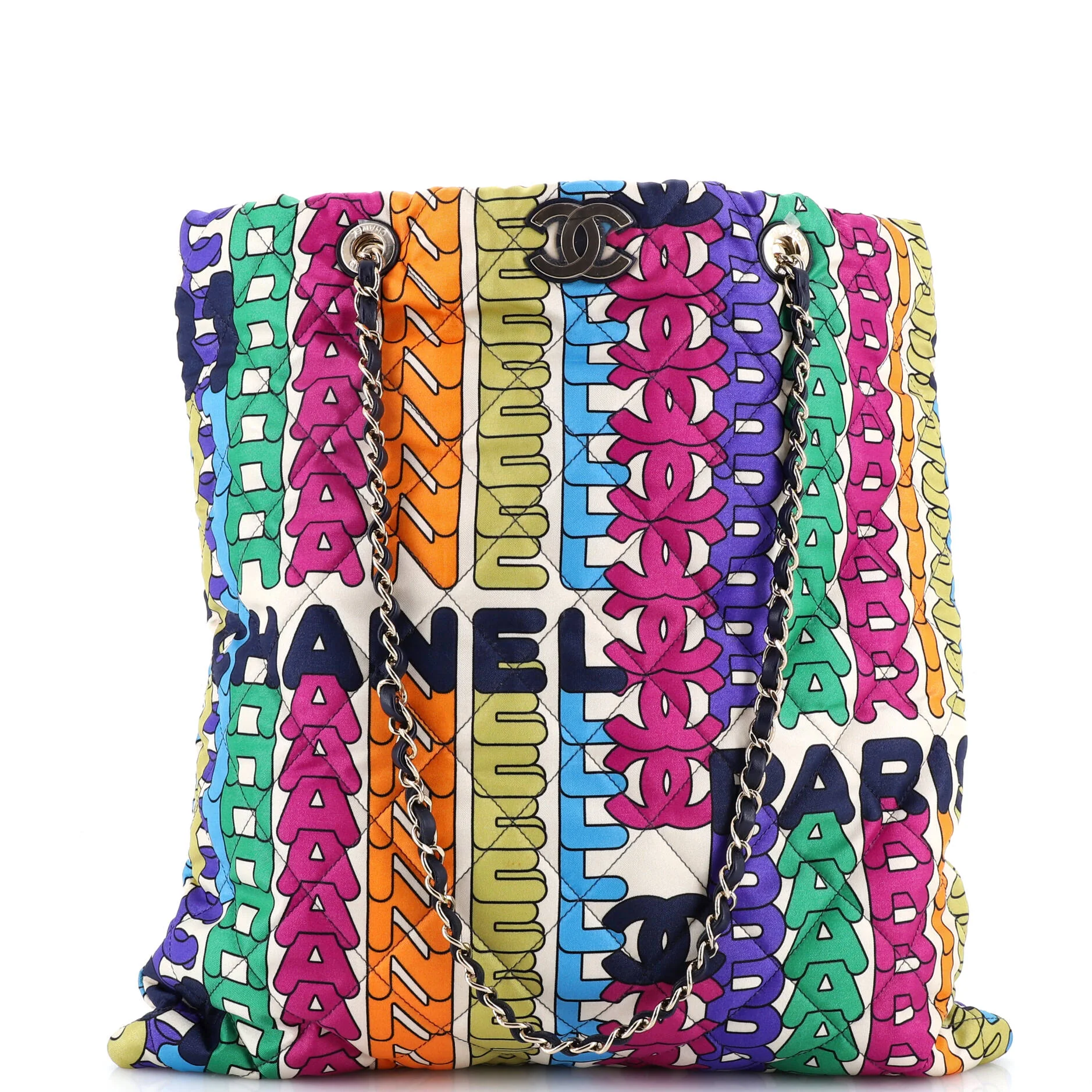 Logo Shopping Tote Quilted Printed Silk Large