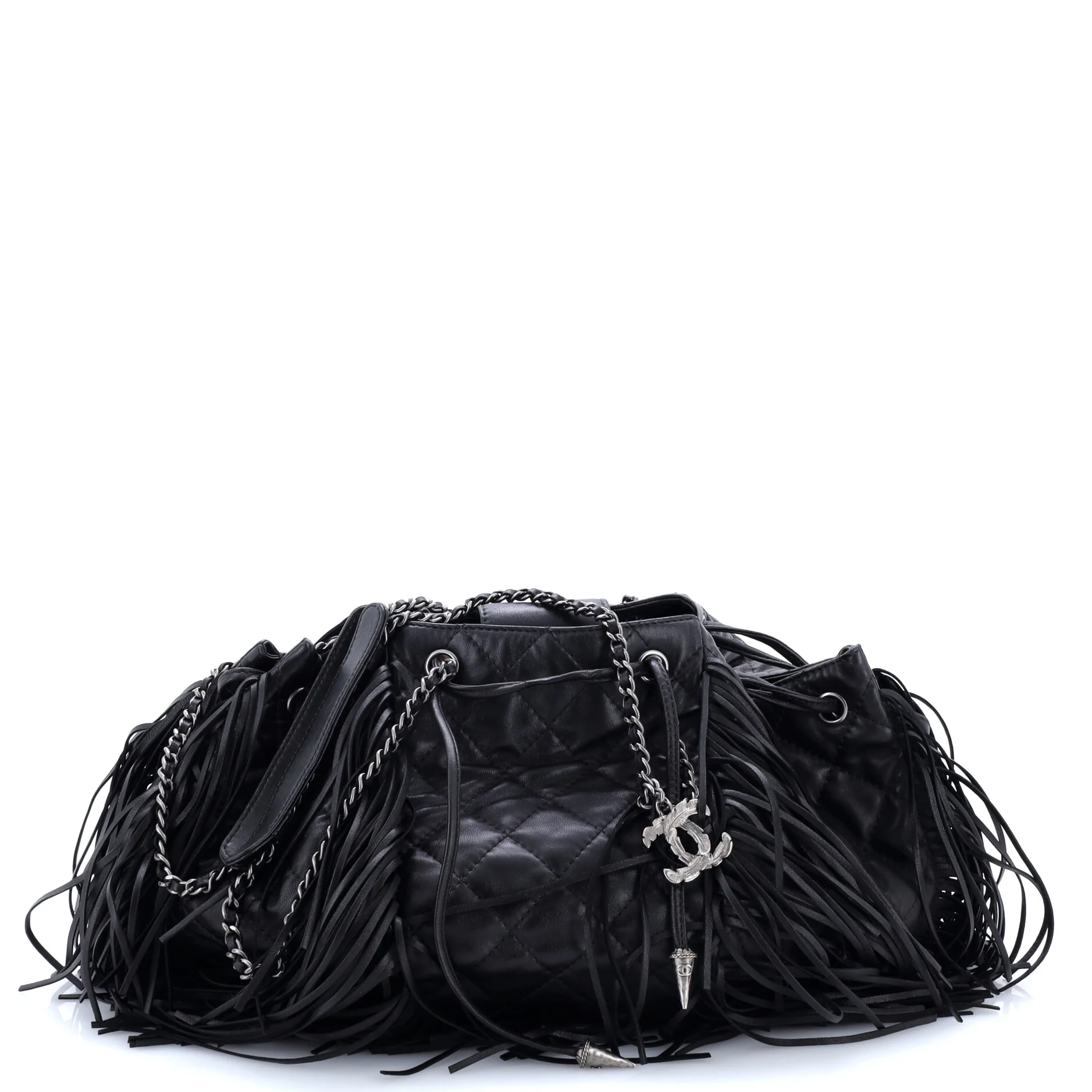 Paris-Dallas Drawstring Fringe Shoulder Bag Quilted Leather Mini