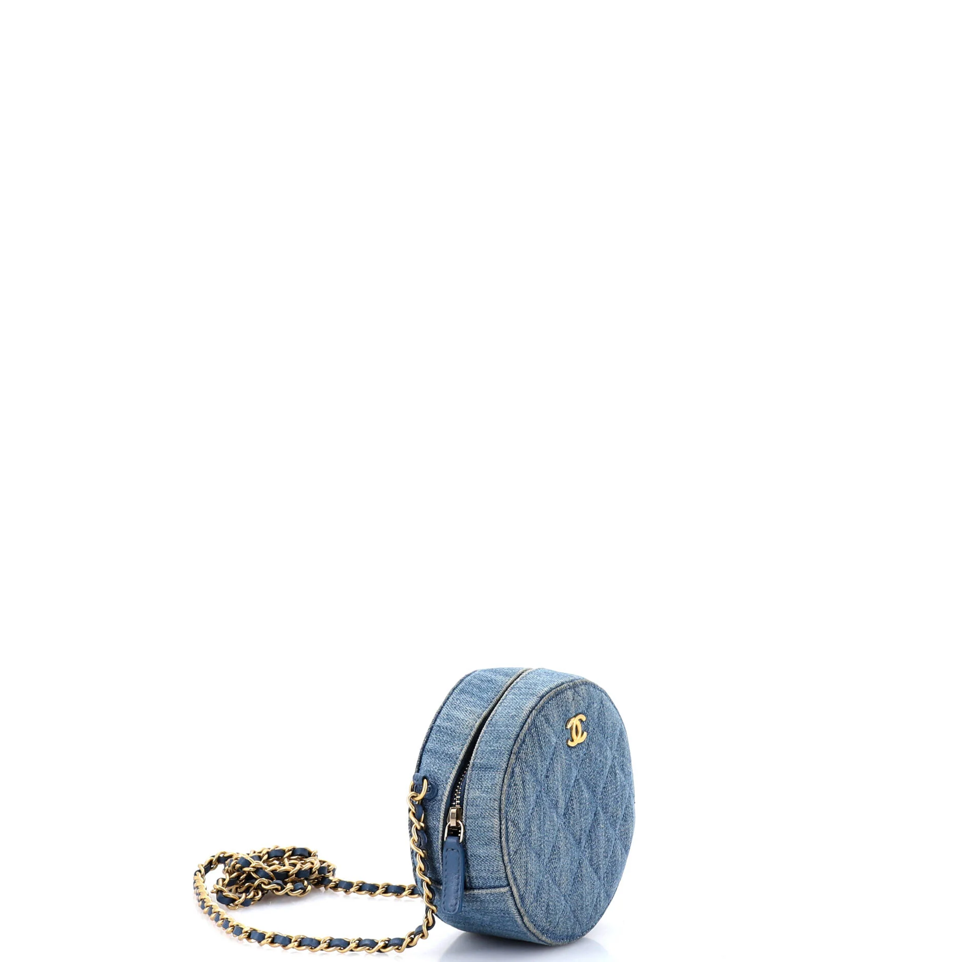 Pearl Crush Round Clutch with Chain Quilted Denim - Image 2