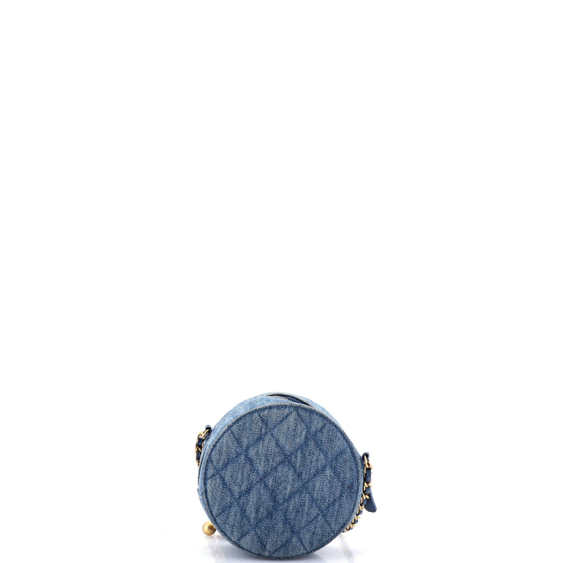 Pearl Crush Round Clutch with Chain Quilted Denim - Image 3