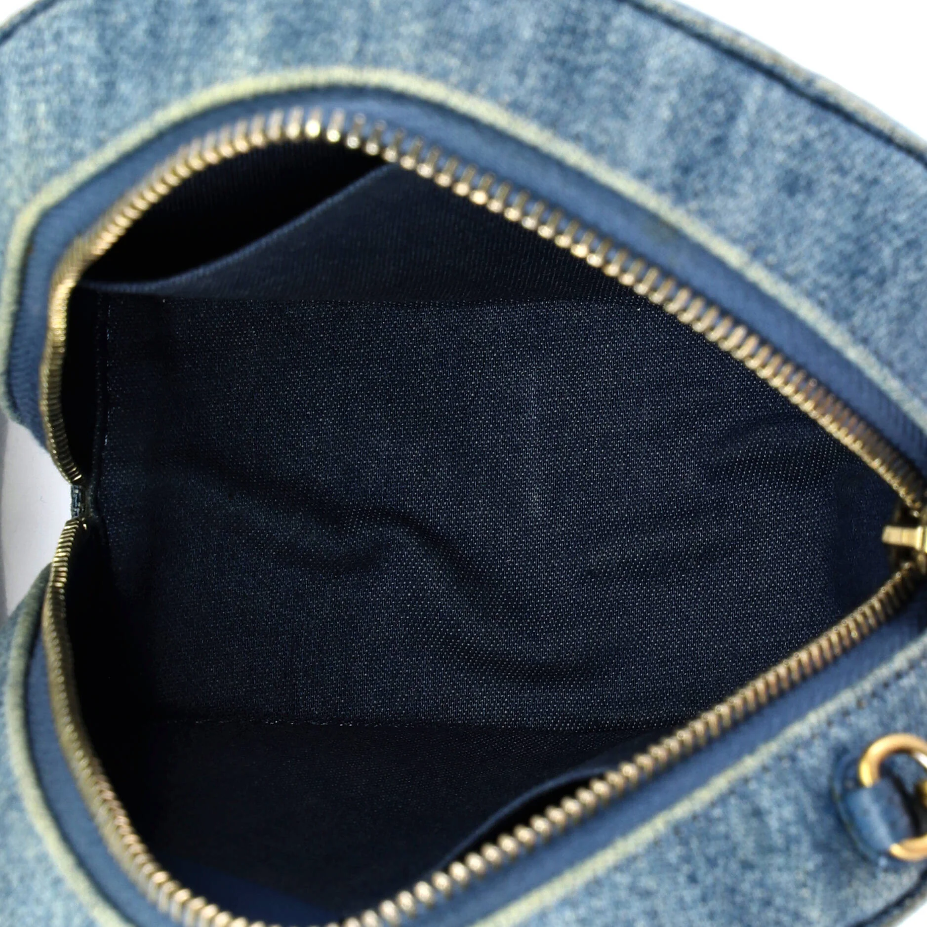 Pearl Crush Round Clutch with Chain Quilted Denim - Image 5