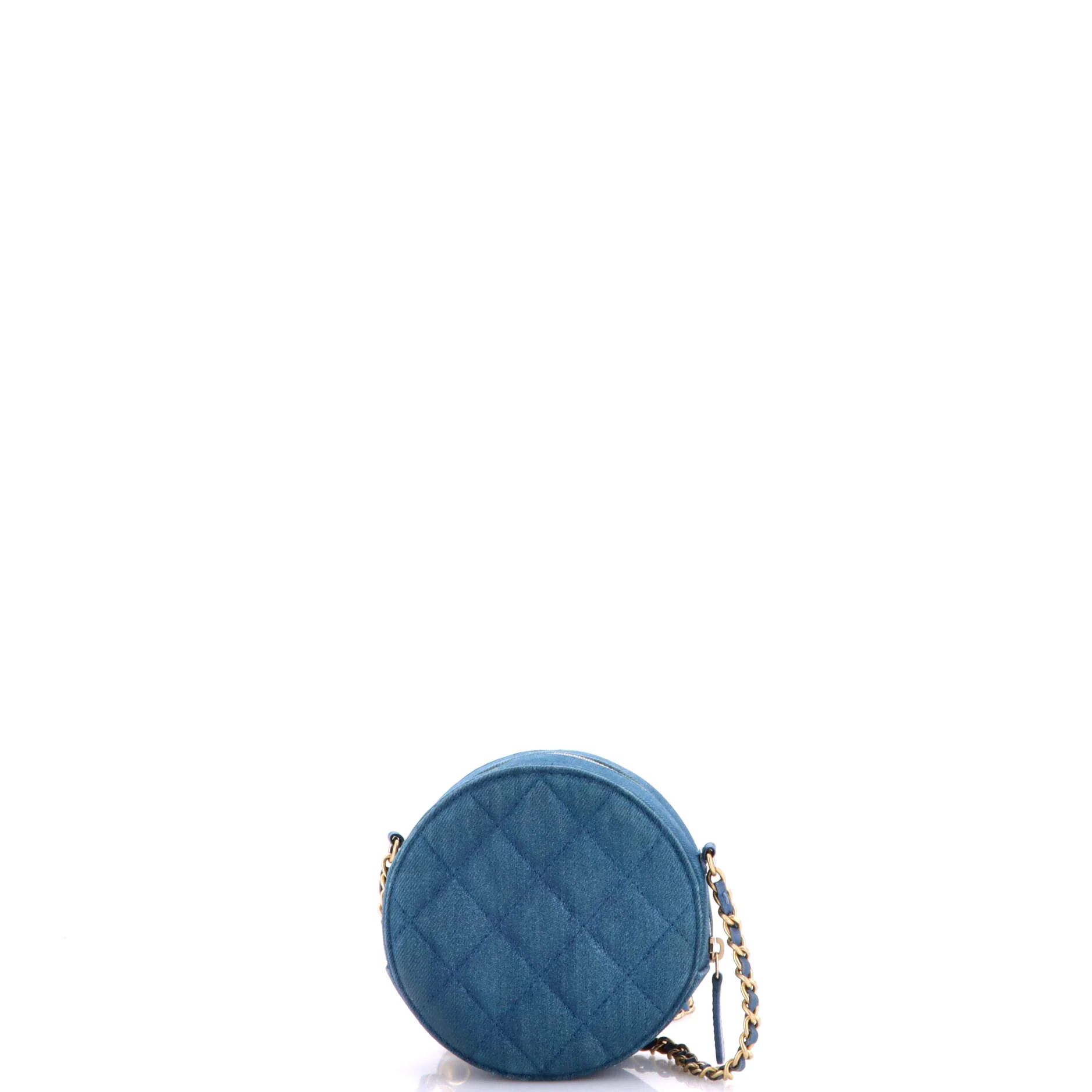 Pearl Crush Round Clutch with Chain Quilted Denim - Image 3