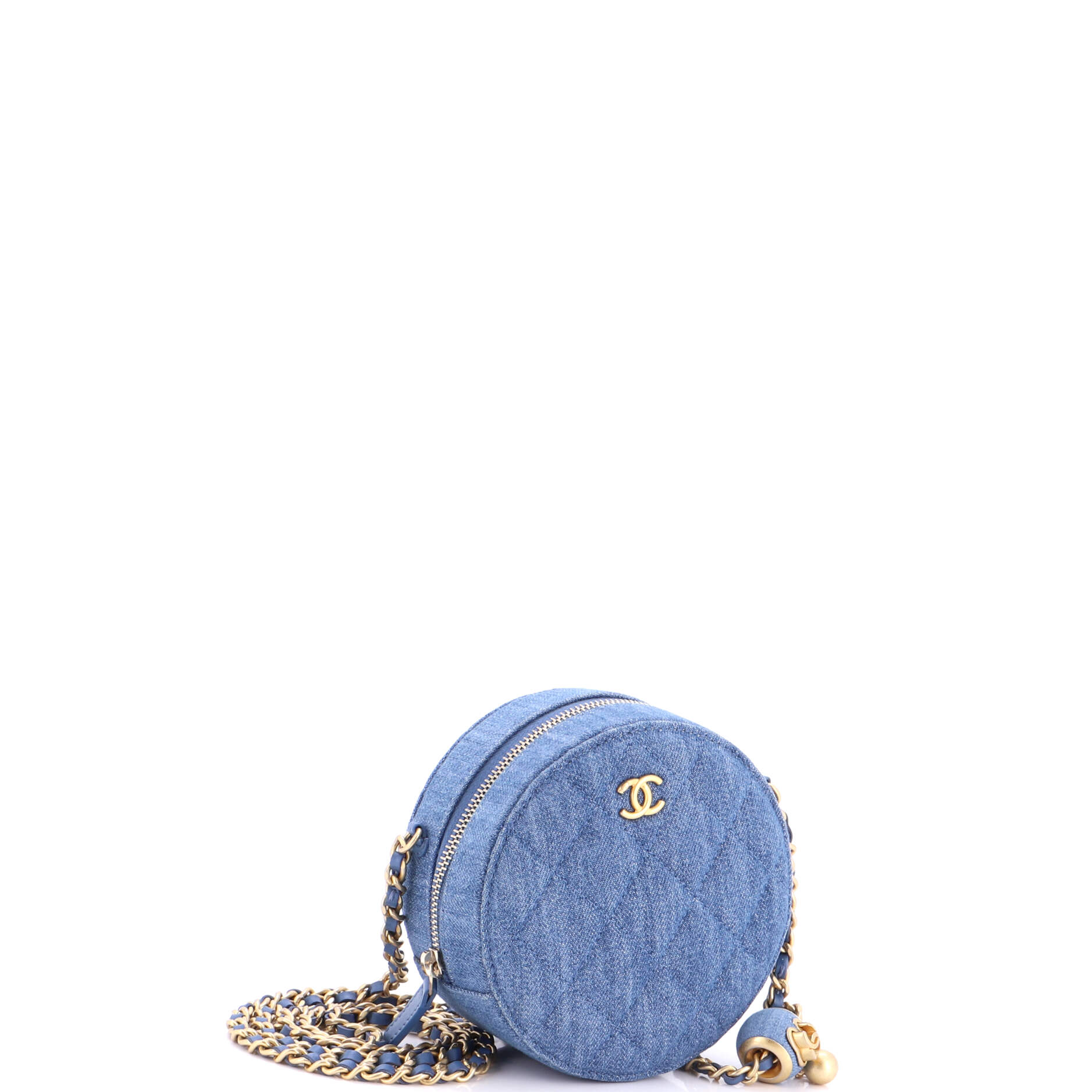 Pearl Crush Round Clutch with Chain Quilted Denim - Image 2