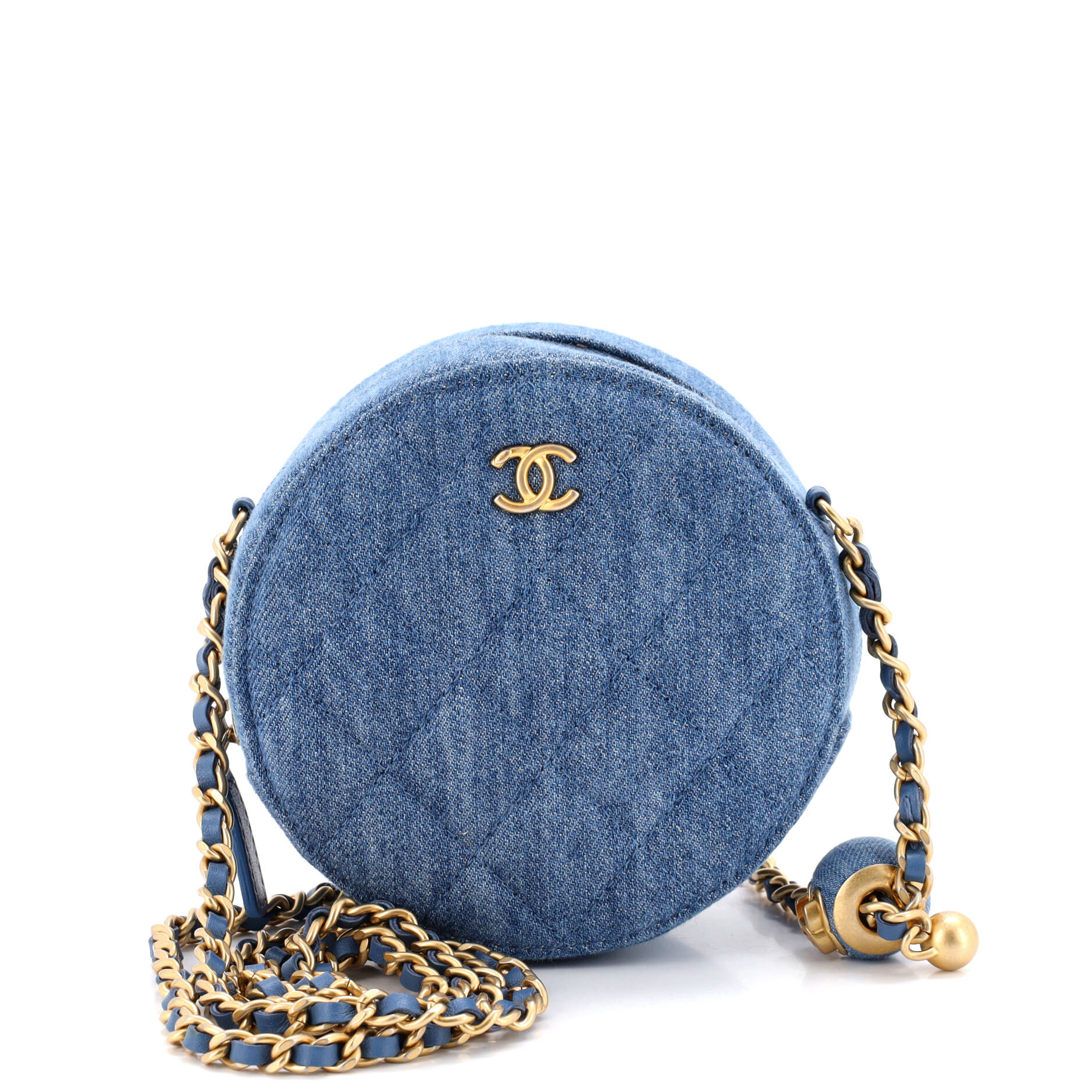 Pearl Crush Round Clutch with Chain Quilted Denim