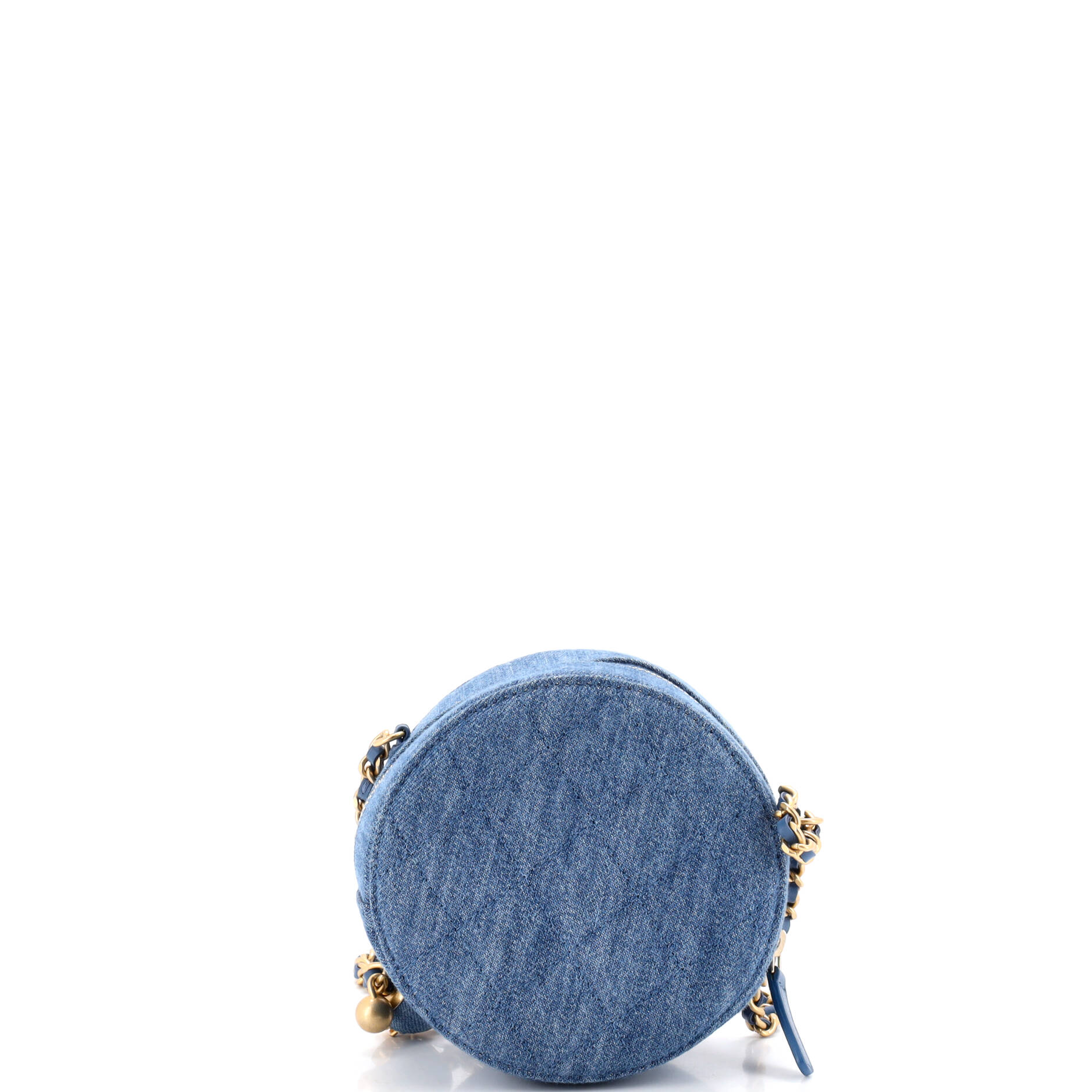 Pearl Crush Round Clutch with Chain Quilted Denim - Image 4