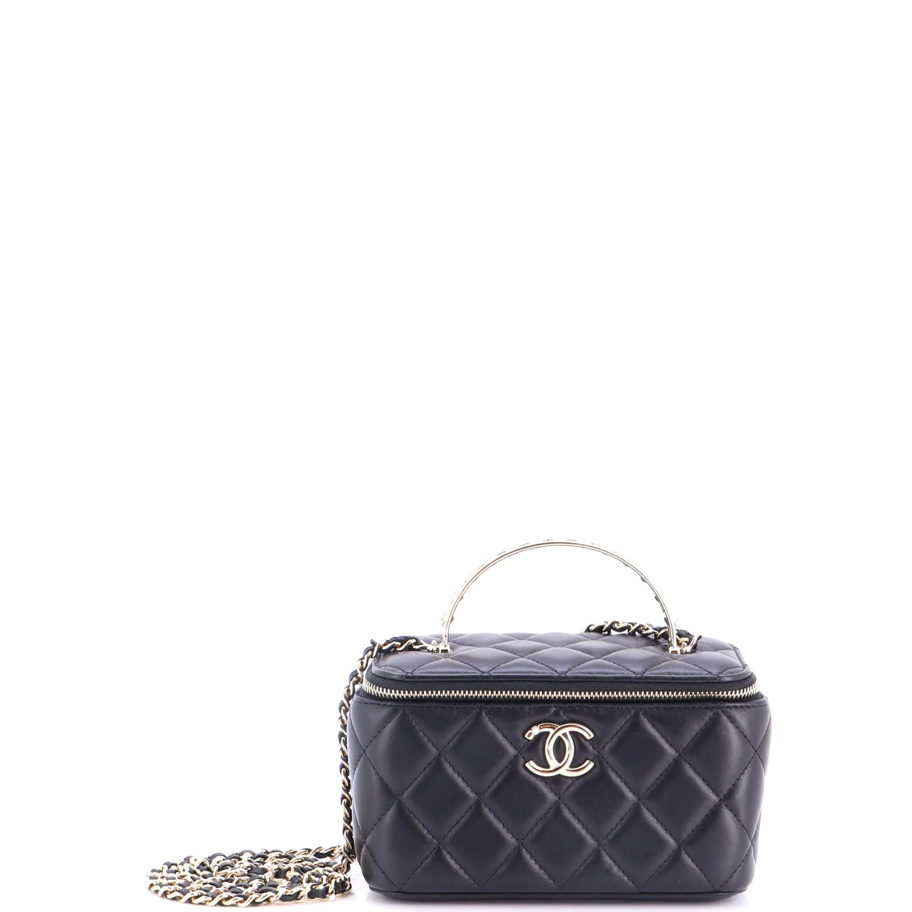Pearl Detail Handle Vanity Case with Chain Quilted Lambskin Small