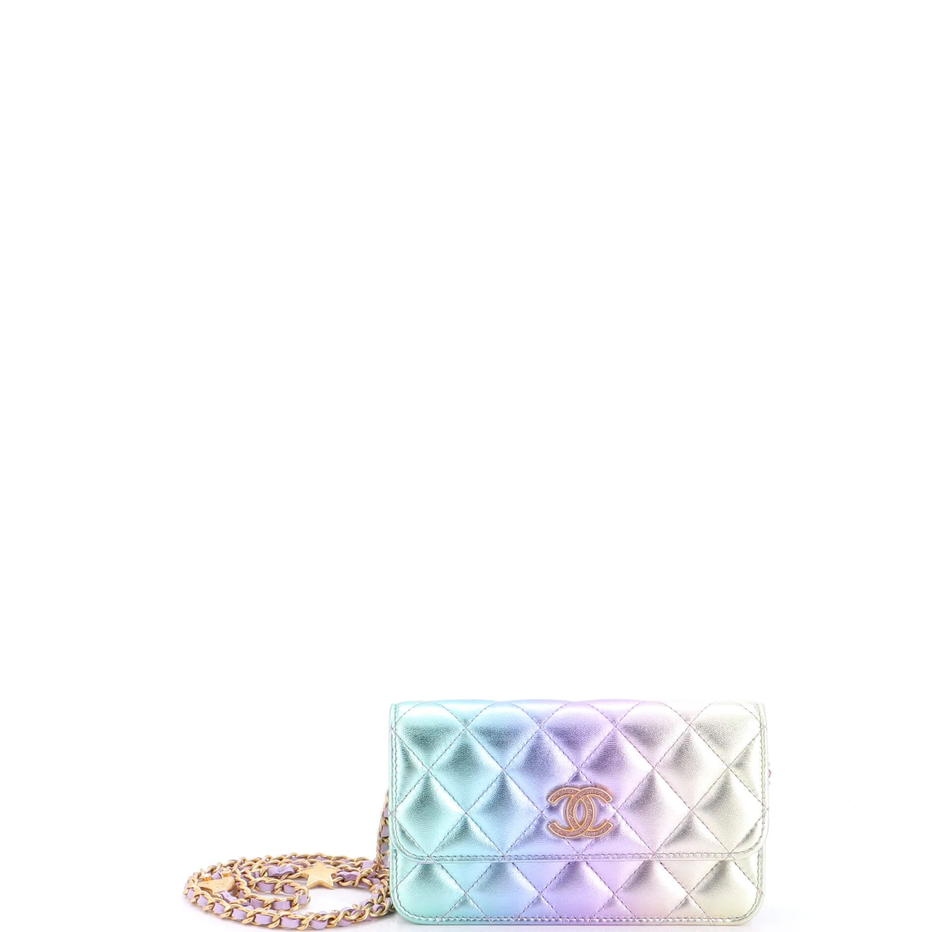 Roller Skate and Star Charms Phone Holder with Chain Quilted Iridescent Rainbow Lambskin