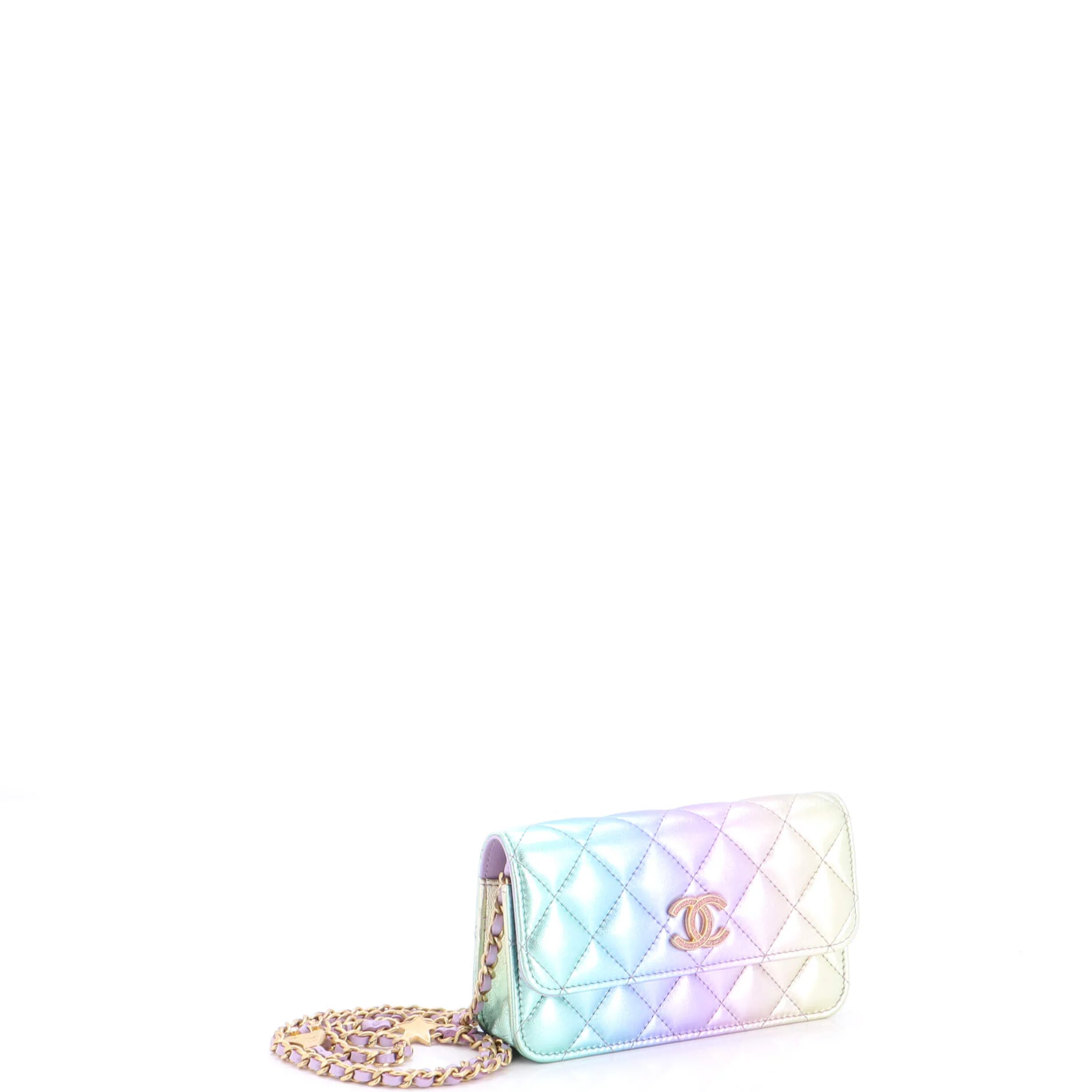 Roller Skate and Star Charms Phone Holder with Chain Quilted Iridescent Rainbow Lambskin - Image 3