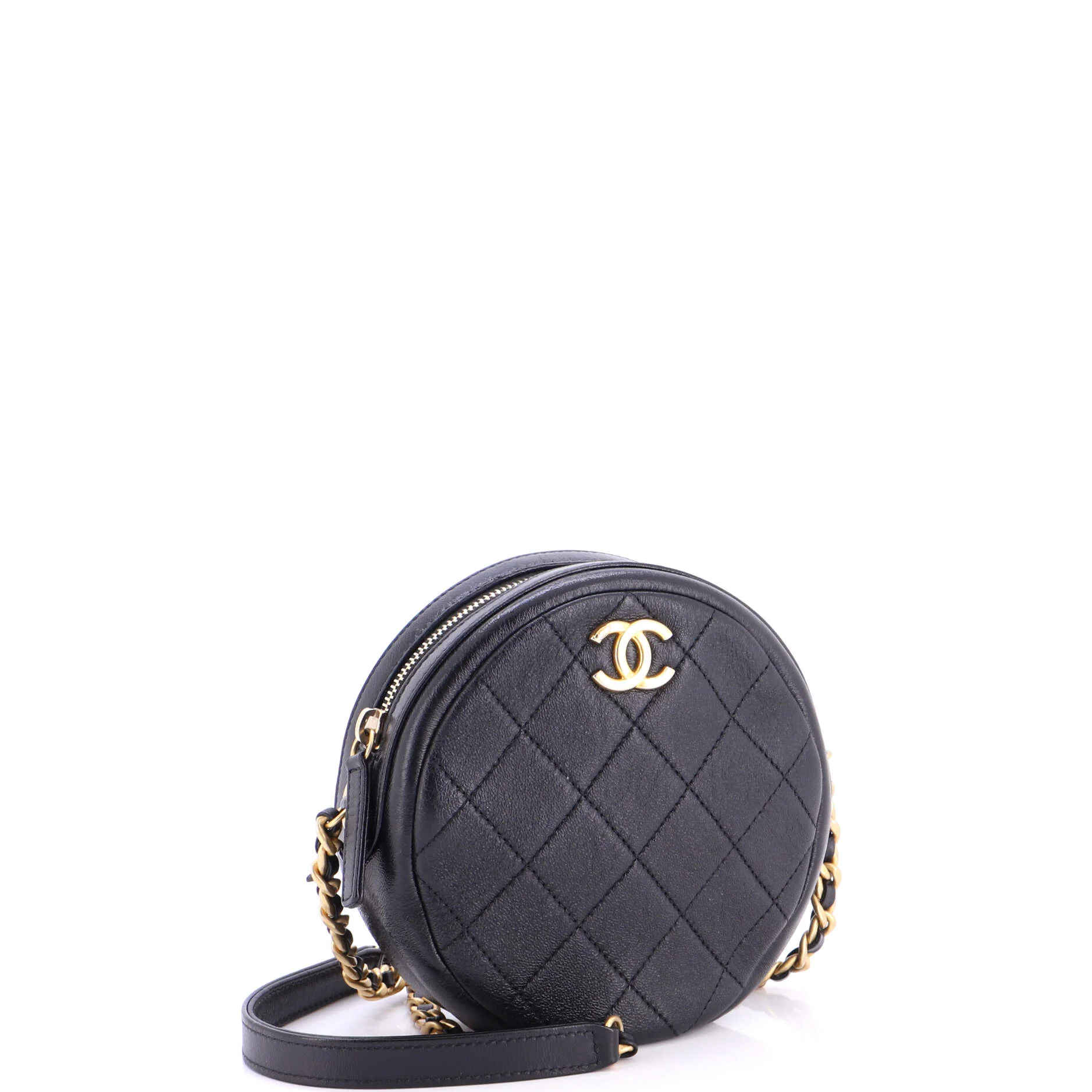 Round Chain Crossbody Bag Quilted Shiny Lambskin Small - Image 3