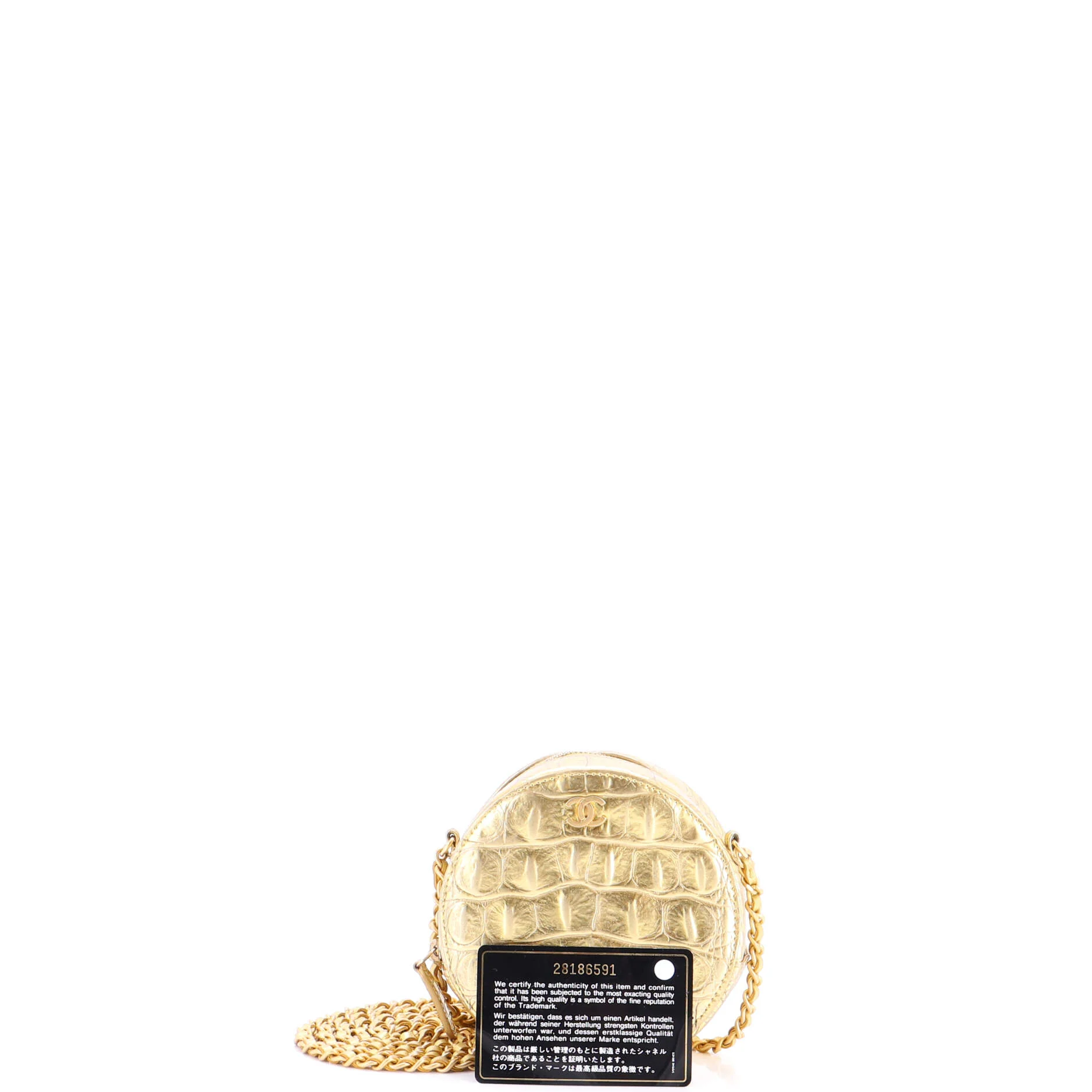Round Clutch with Chain Crocodile Embossed Metallic Calfskin - Image 2
