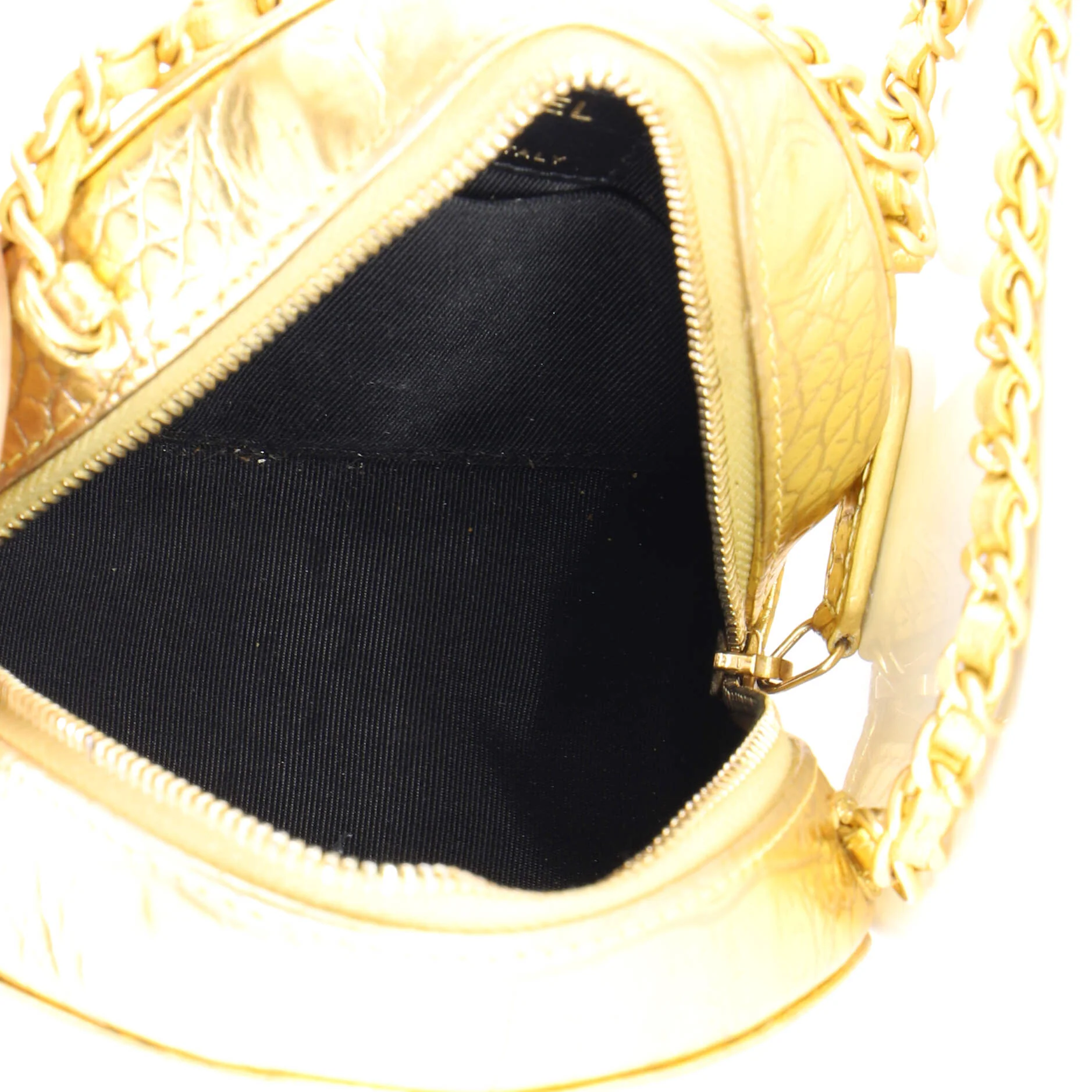 Round Clutch with Chain Crocodile Embossed Metallic Calfskin - Image 6