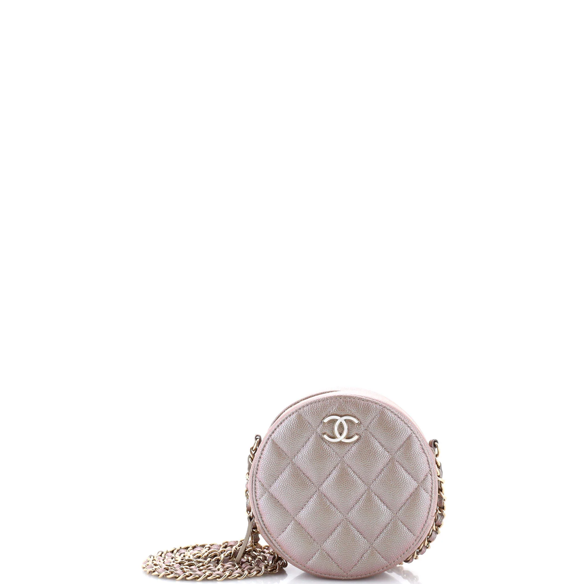 Round Clutch with Chain Quilted Iridescent Caviar Mini