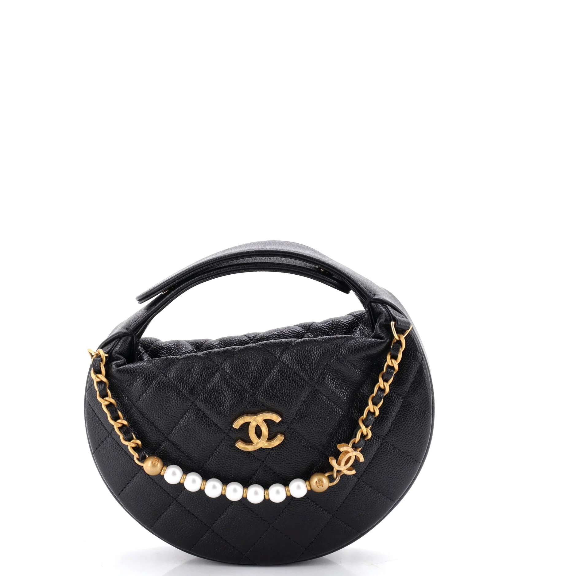 Single Pearl Chain Hobo Pouch Quilted Caviar