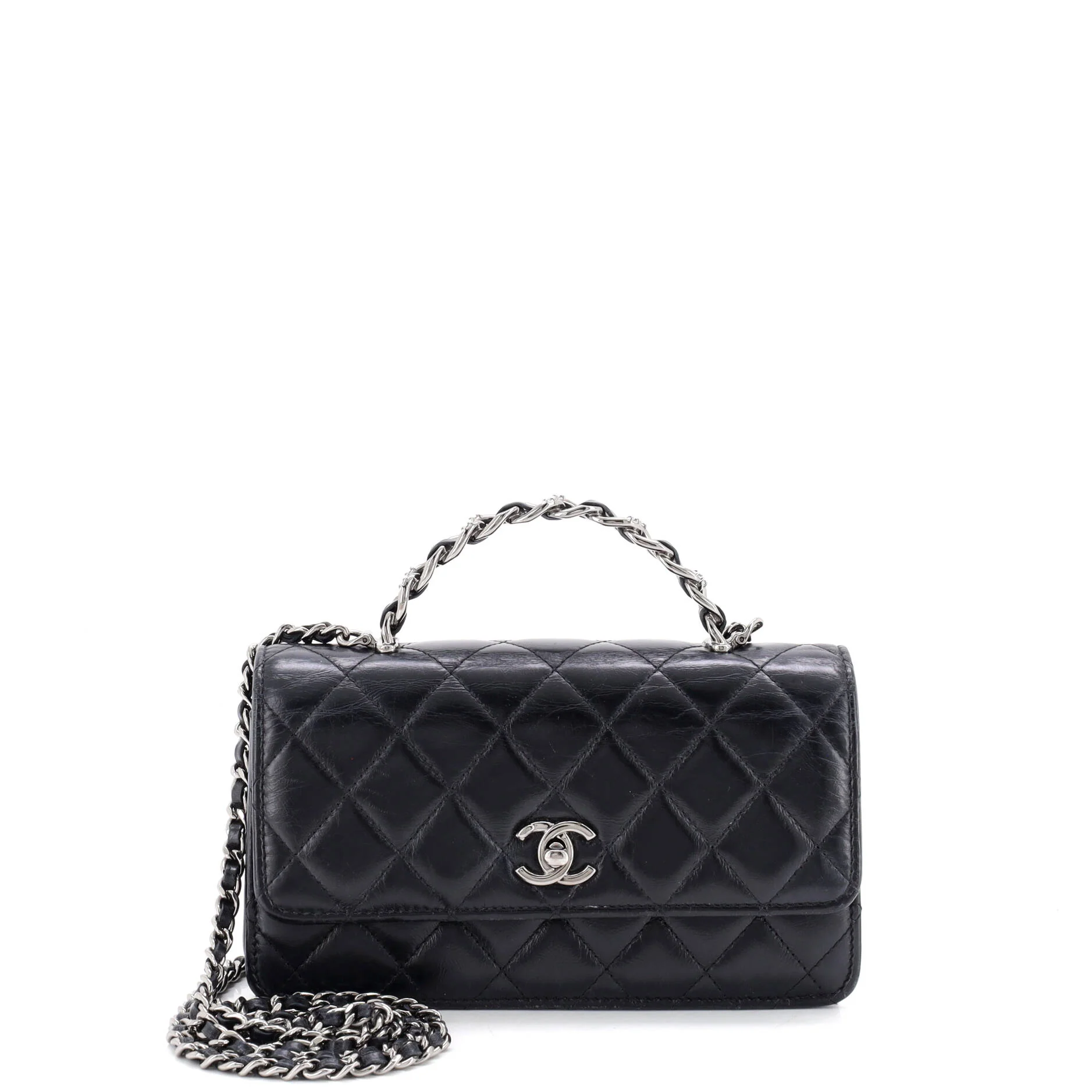 Top Handle Phone Holder with Chain Quilted Shiny Calfskin with Crystals