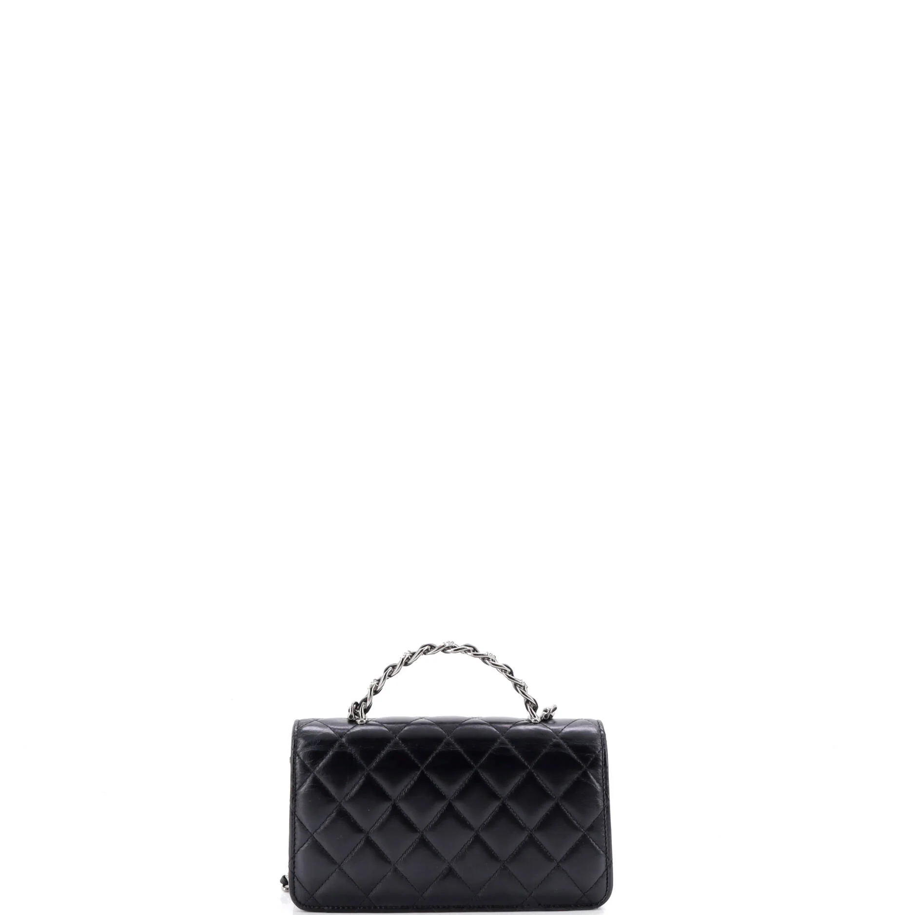 Top Handle Phone Holder with Chain Quilted Shiny Calfskin with Crystals - Image 3