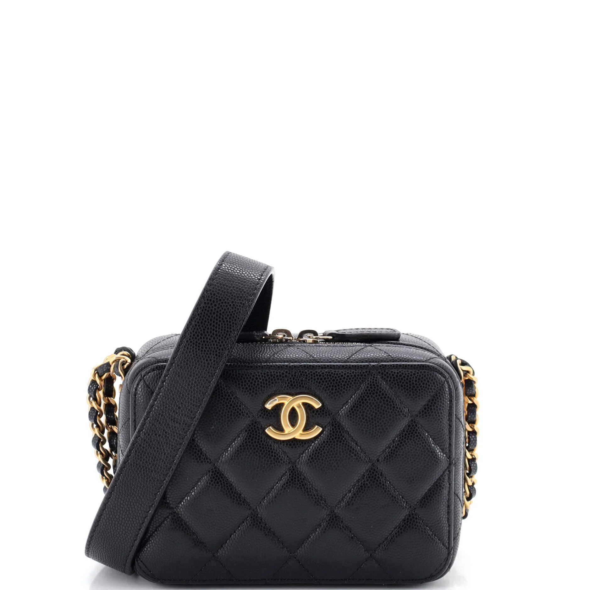 Twist Your Buttons Zip Around Vanity Case with Chain Quilted Caviar