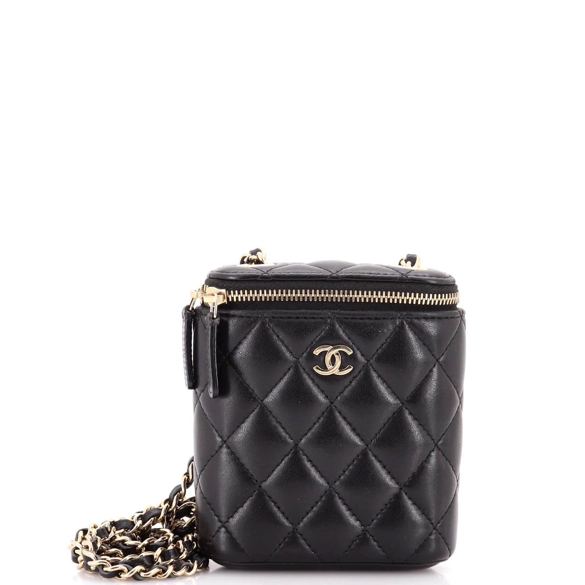 Vertical Classic Vanity Case with Chain Quilted Caviar Small