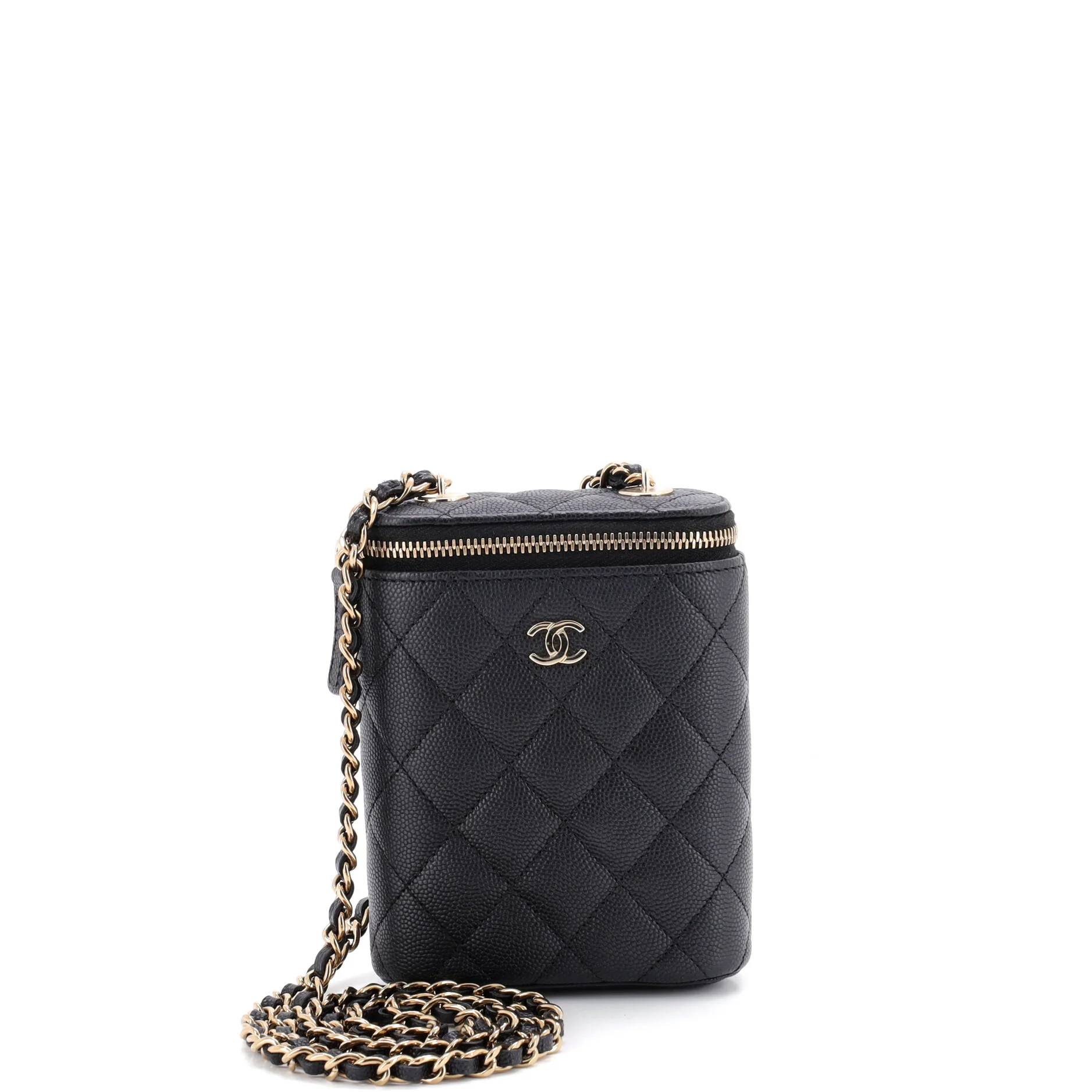 Vertical Classic Vanity Case with Chain Quilted Caviar Small