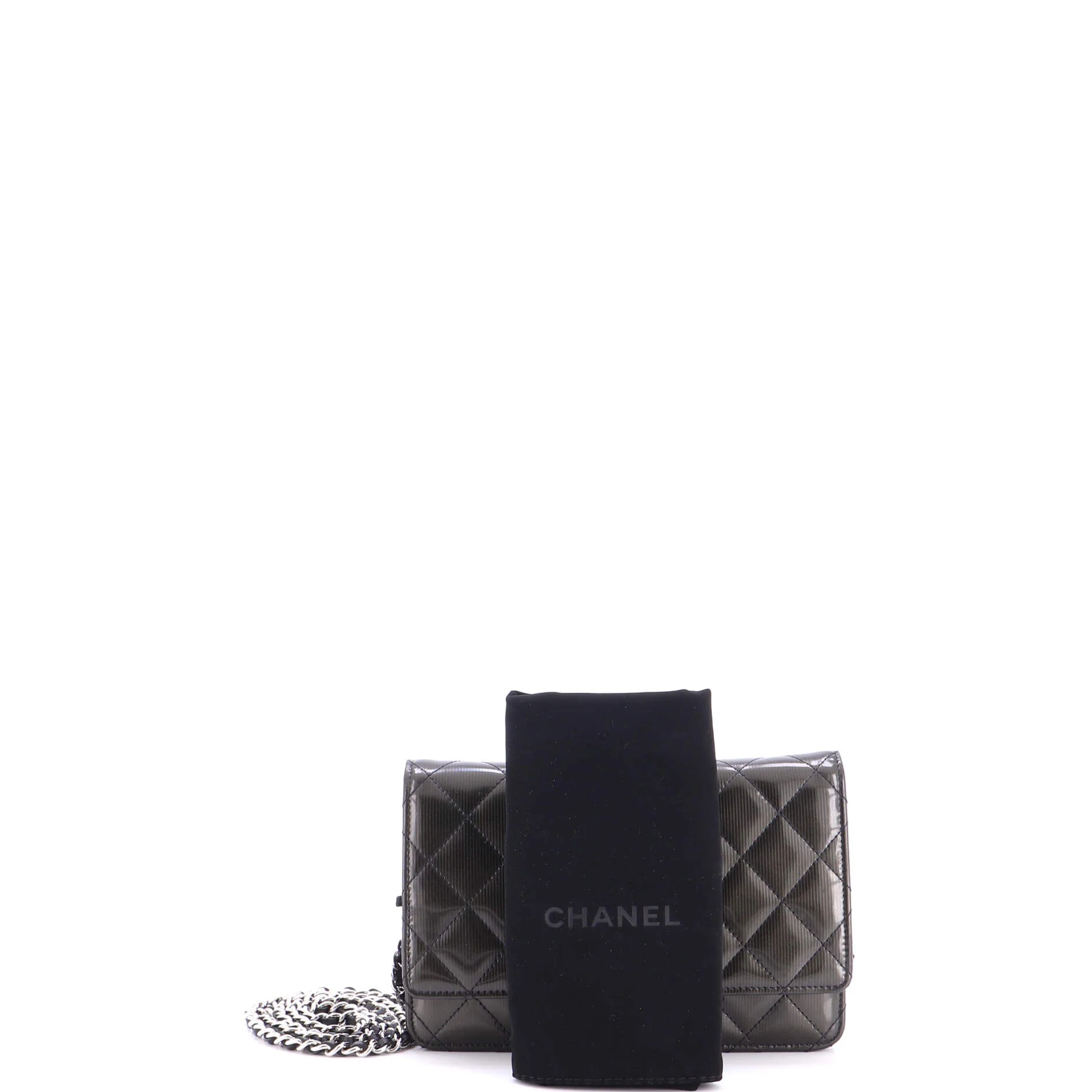 Wallet on Chain Quilted Striated Metallic Patent - Image 2