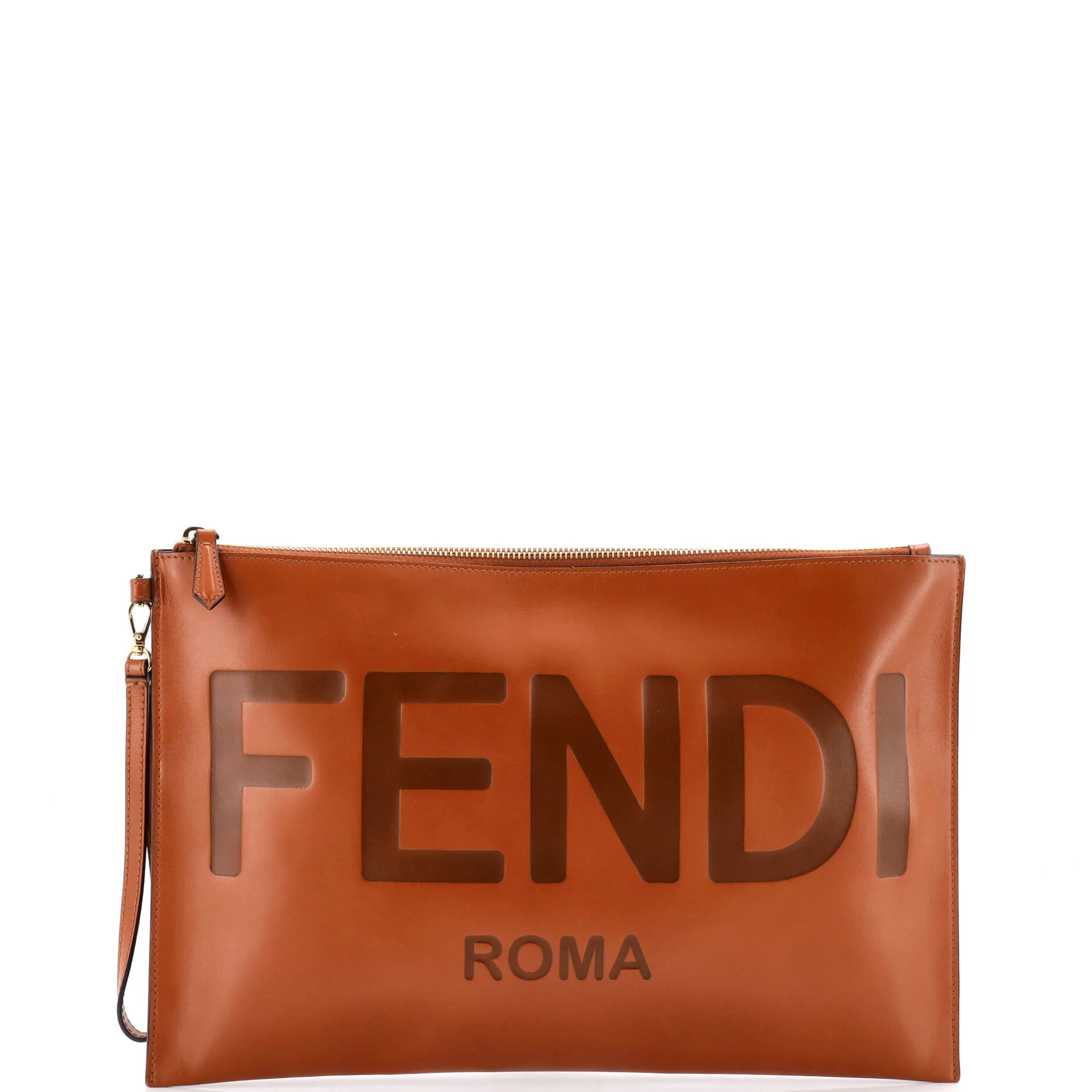Logo Flat Wristlet Pouch Embossed Leather Large