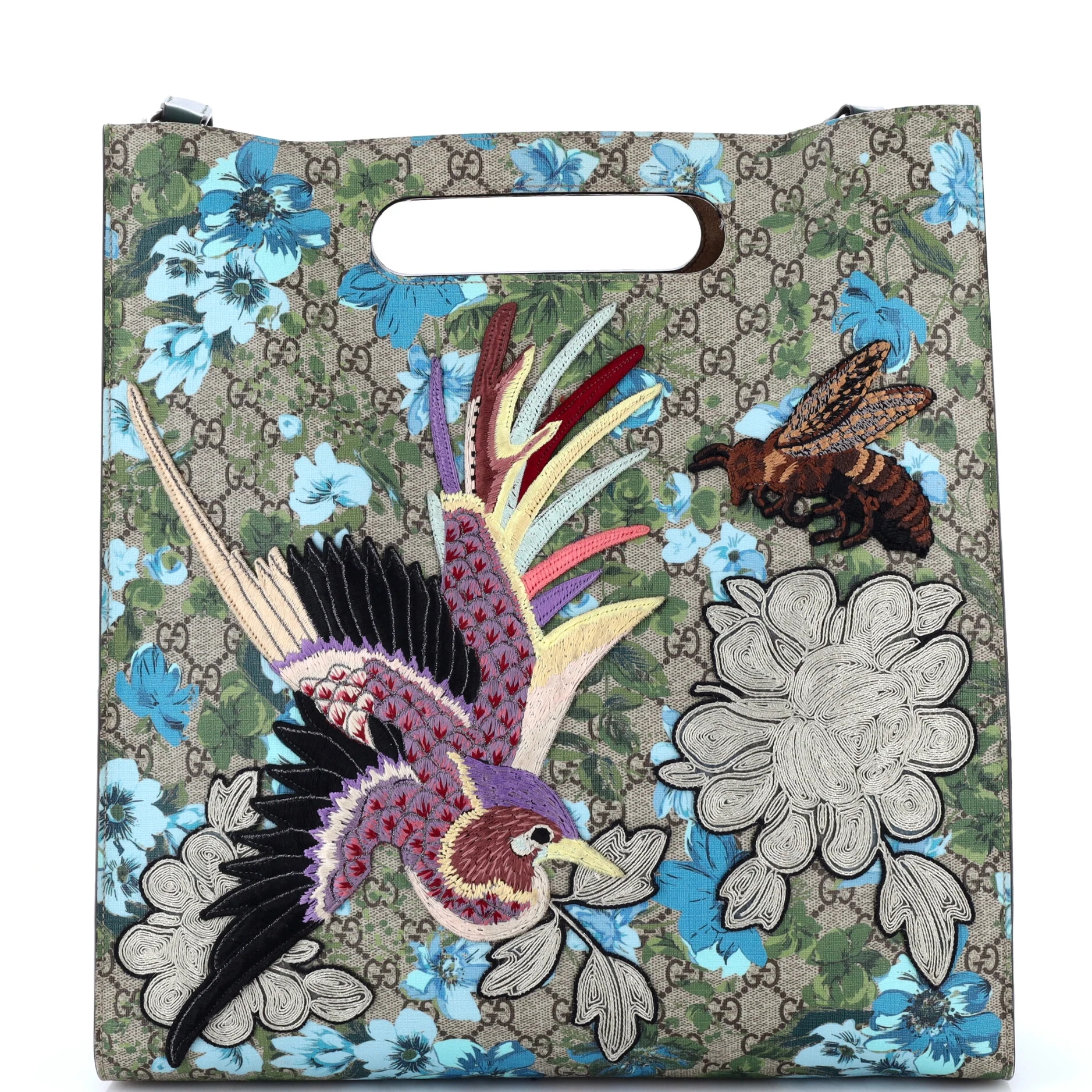 Cut Out Handle Convertible Tote Embroidered Blooms Print GG Coated Canvas and Leather