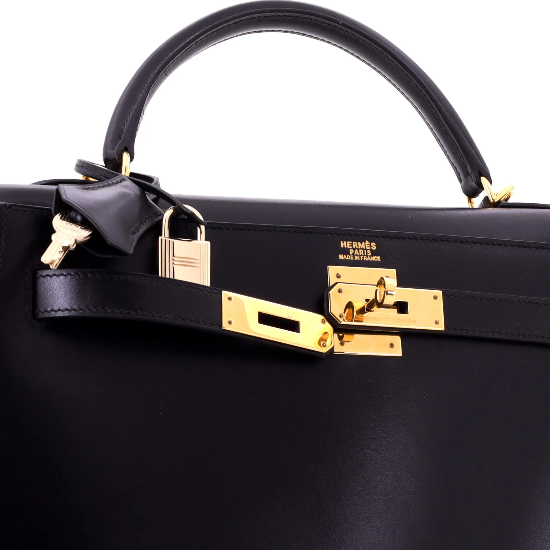 Kelly Handbag Noir Box Calf with Gold Hardware 32 - Image 7
