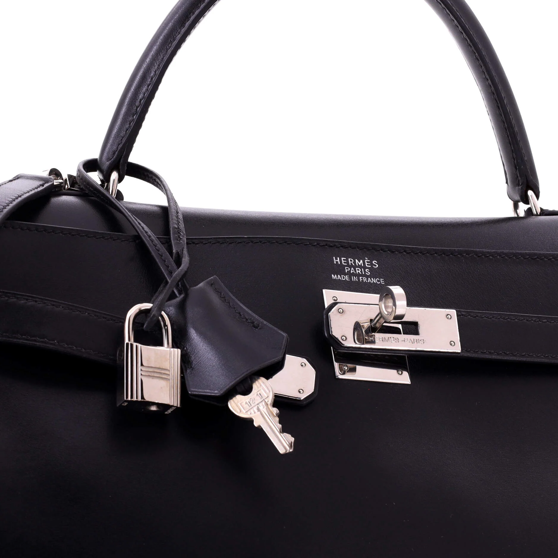 Kelly Handbag Noir Box Calf with Palladium Hardware 35 - Image 7