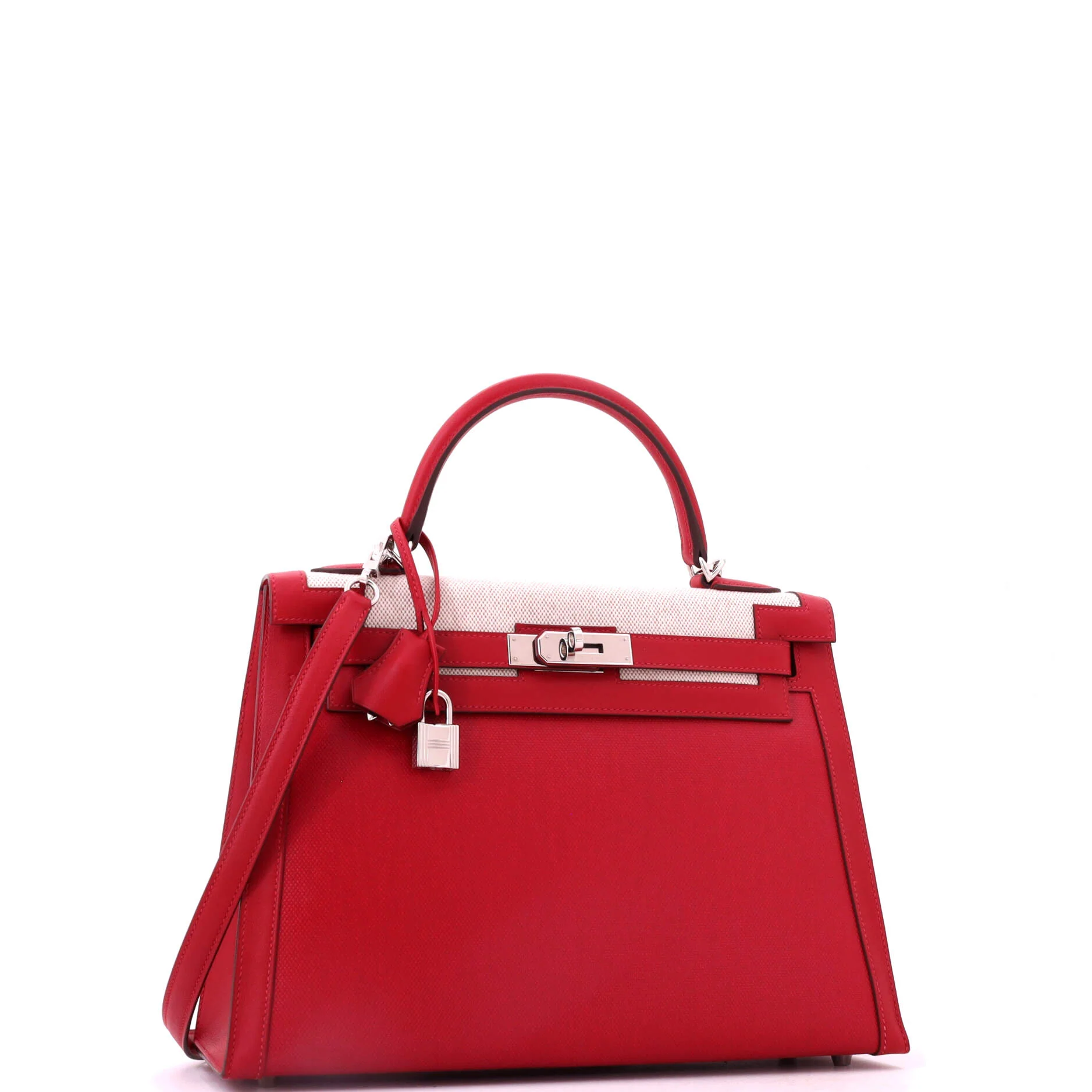 Kelly Handbag Rouge Piment Berline Vache Canvas with Swift and Toile with Palladium Hardware 32 - Image 3
